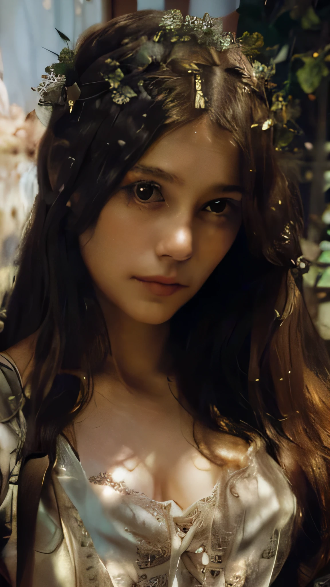 romantic heroine, beautiful detailed eyes, beautiful detailed lips, extremely detailed face and features, long eyelashes, elegant victorian dress, intricate lace details, soft warm lighting, pastel color palette, delicate flower crown, dreamy atmospheric background, (best quality,4k,8k,highres,masterpiece:1.2),ultra-detailed,(realistic,photorealistic,photo-realistic:1.37),oil painting, fine art portrait