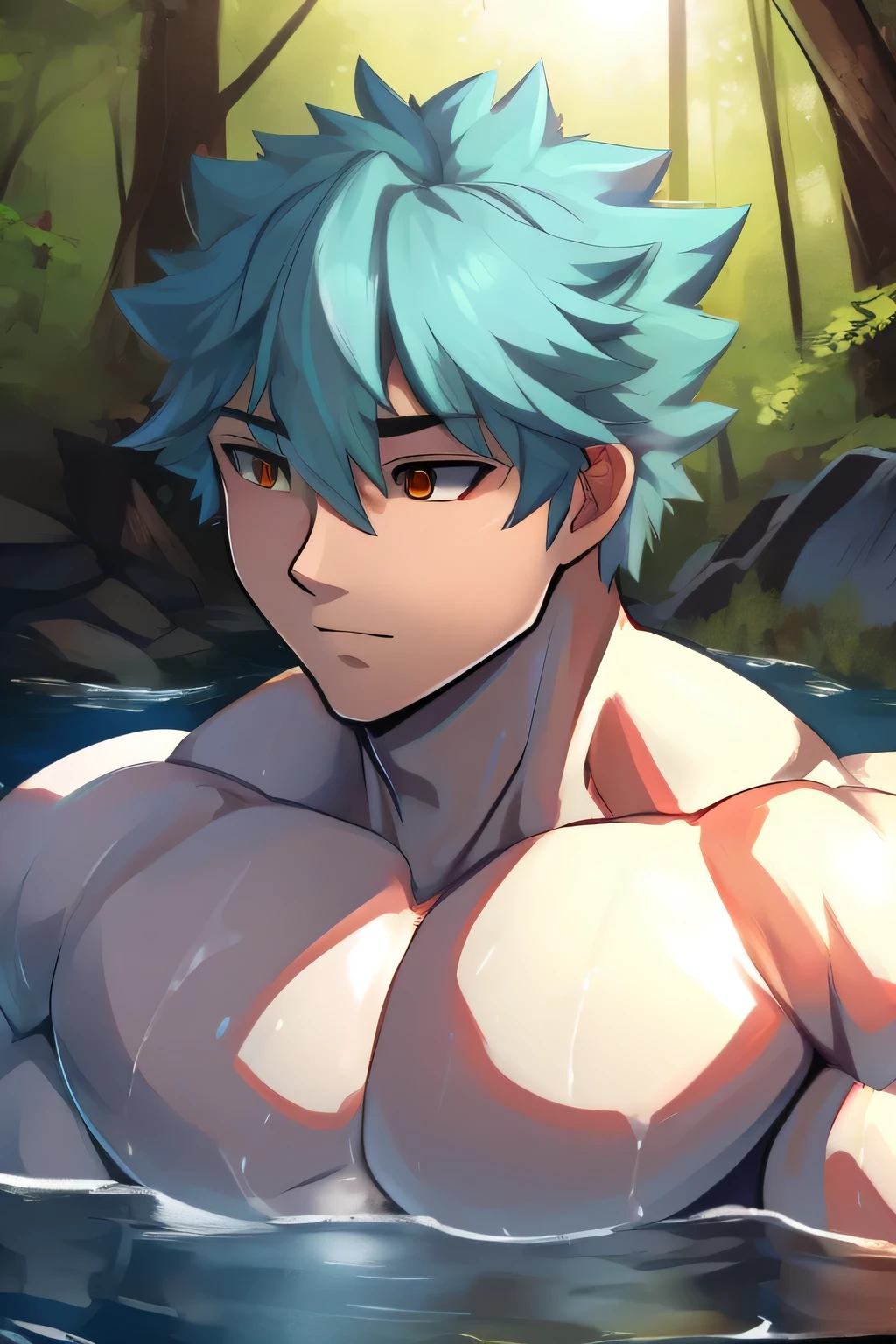 (human) a Teen Shirou Emiya, taking a bath in a river in a forest, waterfalls, short haircut, red hair, amber Eyes, dark skin trending on bbwchan, meditating pose, up close shot shinji aramaki, inspired by Abdullah Gërguri, perfect muscle structure, unreal rendered, made of rubber, pictured from the shoulders up, doomy, drool, very muscular with broad shoulders, prominent pectorals and very marked abs, bodybuilder body, huge chest, huge pecs. Mexican ethnicity. muscular gigachad benediction, the ultimate gigachad. Young man, yung face. Teen. Shirou Emiya (Shirou Emiya, Emiya Shirō)