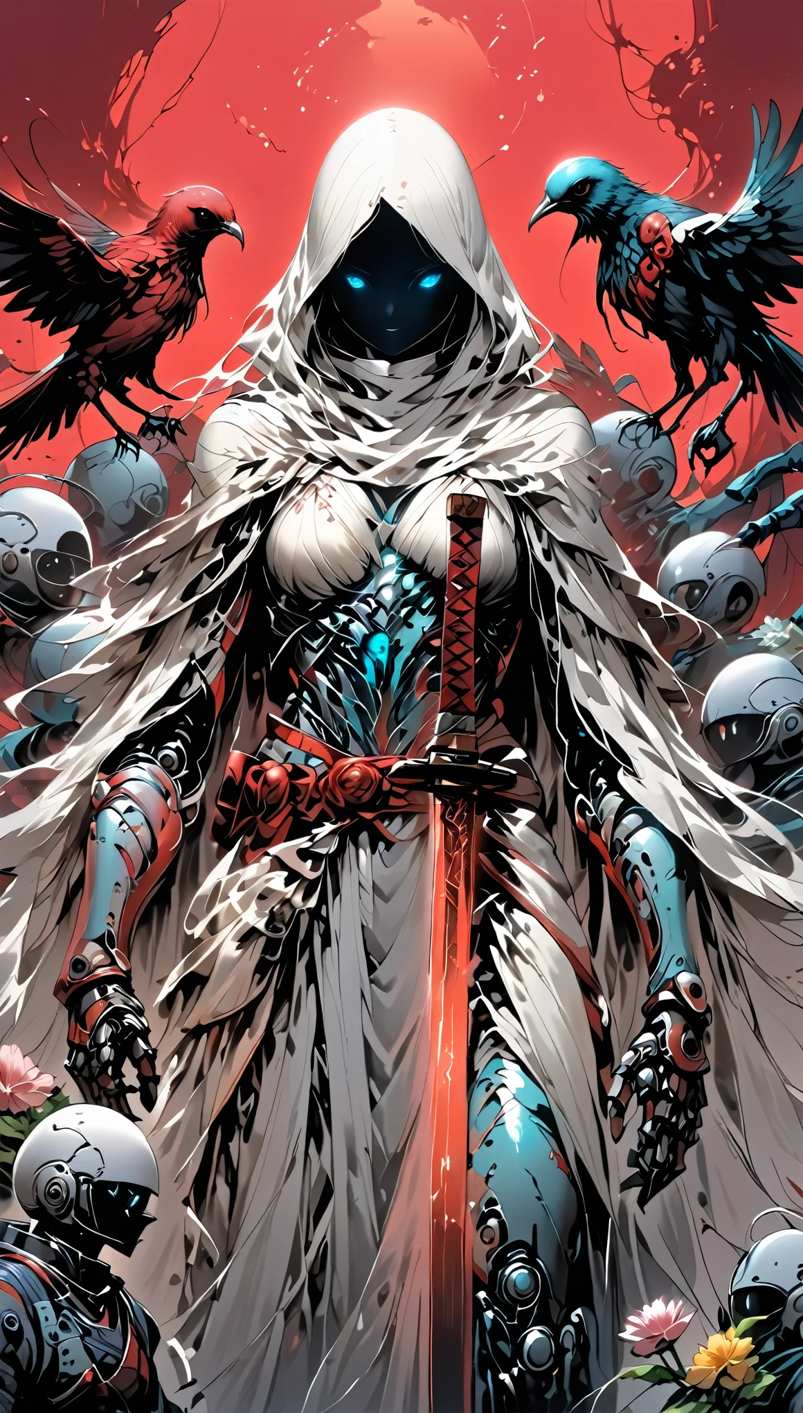 A cyber war with highly advanced mechanical arms and legs, perfectly fused with his human body. Her artificial skin shines with the metallic reflection of the robotic parts that cover her limbs., showing a contrast between the organic and the mechanical. She wears a tight white top that highlights her athletic build., while his detailed tattoos, of flowers and birds, adorn their torso and thighs, adding a touch of humanity and art to its futuristic appearance. They look ahead with determination Behind them, A katana sword is fixed, Ready for combat The deep red background highlights her figure, creating a bold and energetic atmosphere The mechanical details on its extremities show cutting-edge technology. Chrome finish and perfectly integrated with your skin. The warrior seems to be ready for a mission, merging strength, precision and aesthetics in one body