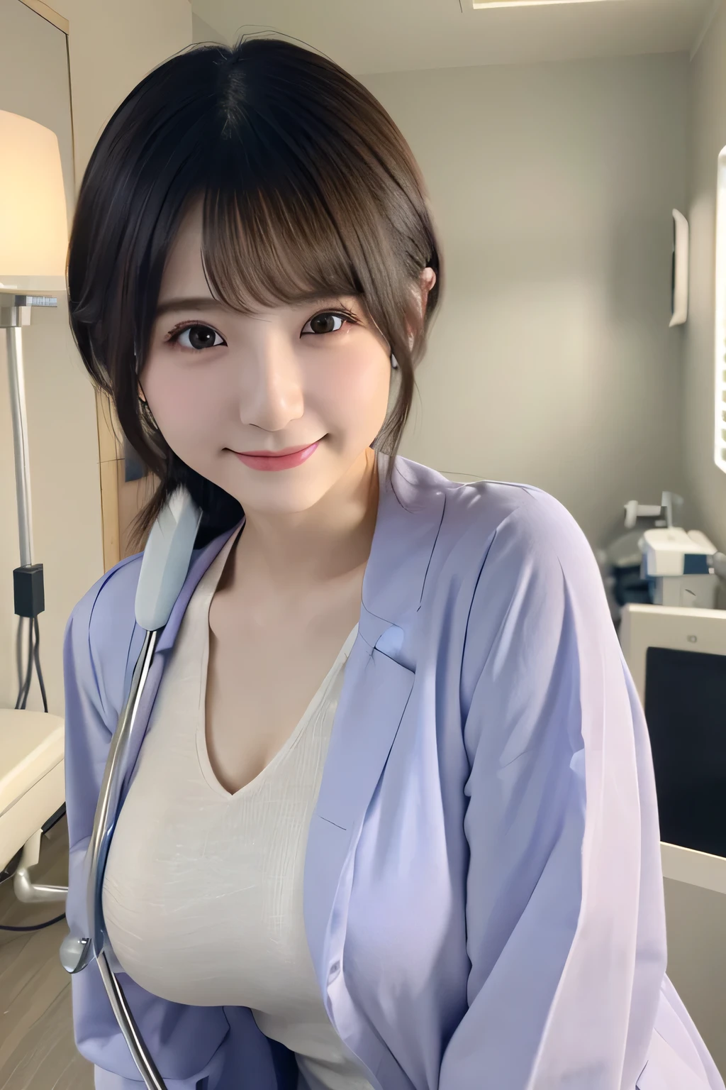 Japanese、8k、Ultra Detail、Photorealistic、Realistic and accurate depiction、Realistic and accurate human anatomy、High resolution、Highest quality、Perfect cuteness、((Highest quality, 8k, masterpiece: 1.3)), girl, Slim Beauty, Delicate hair, Detailed eyes, double eyelid, Cute smile, (cute), Soft Skin, Body Full Body, Ultra-realistic, Patient room details, (cute Short-haired Female Doctor Coming for Detailed Rounds), ( Female doctorの制服の詳細), Looking up、Female doctor、nurse