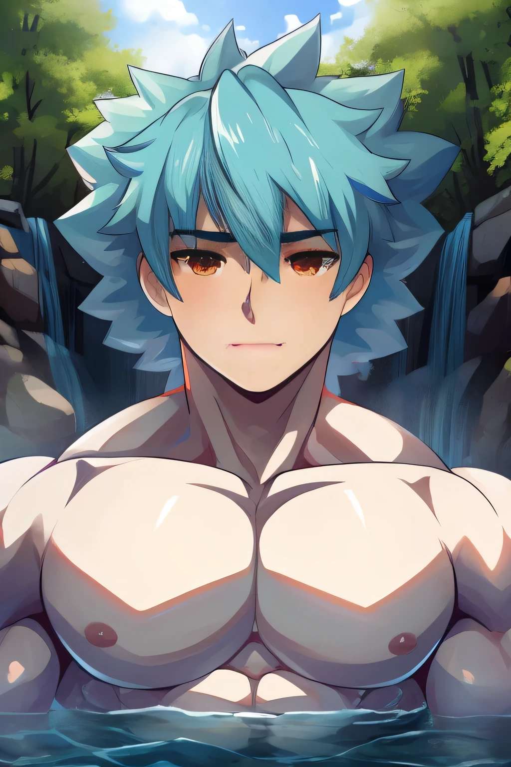 (human) a Teen Shirou Emiya, taking a bath in a river in a forest, waterfalls, short haircut, red hair, amber Eyes, dark skin trending on bbwchan, meditating pose, up close shot shinji aramaki, inspired by Abdullah Gërguri, perfect muscle structure, unreal rendered, made of rubber, pictured from the shoulders up, doomy, drool, very muscular with broad shoulders, prominent pectorals and very marked abs, bodybuilder body, huge chest, huge pecs. Mexican ethnicity. muscular gigachad benediction, the ultimate gigachad. Young man, yung face. Teen. Shirou Emiya (Shirou Emiya, Emiya Shirō)