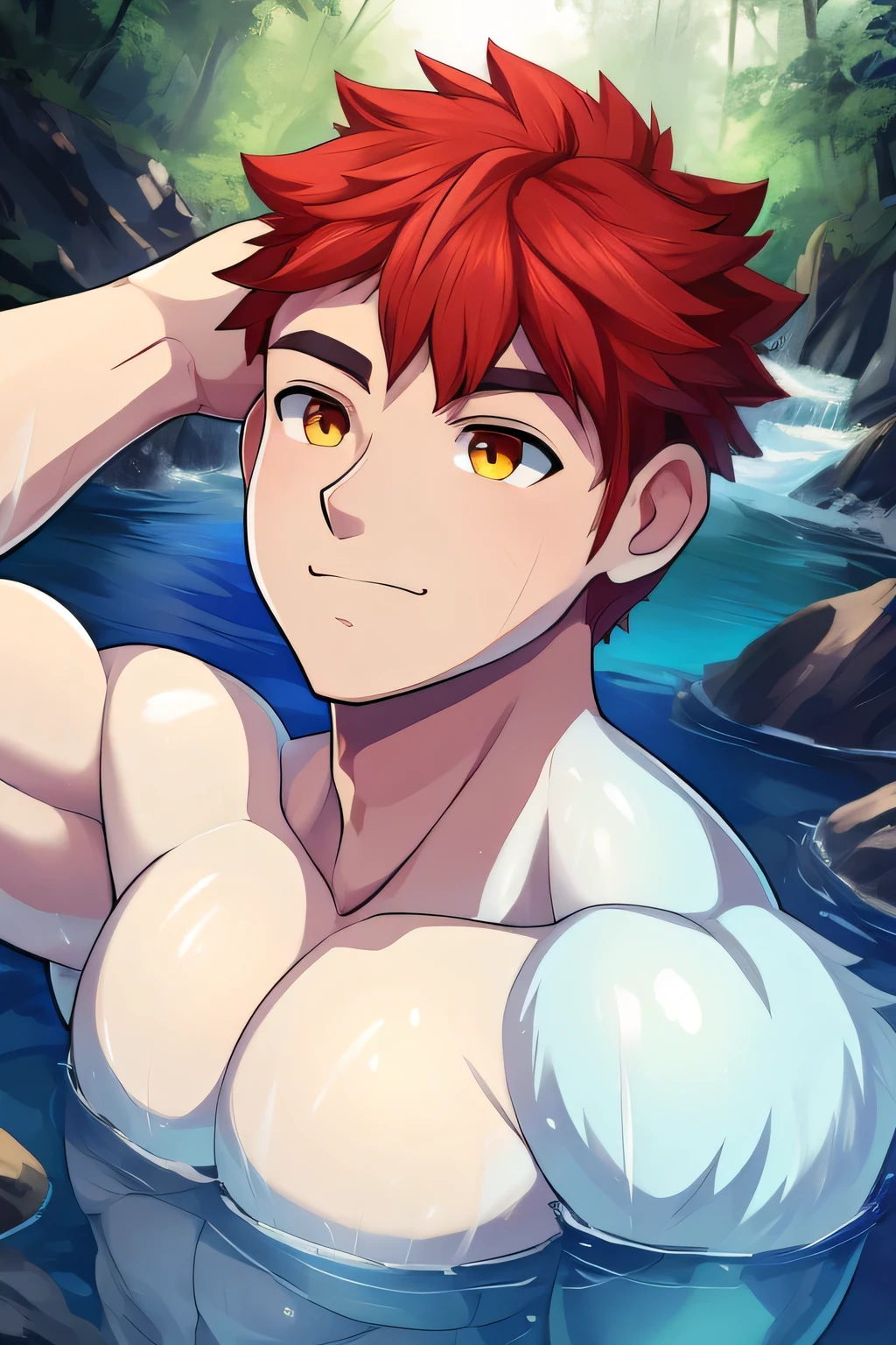 (human) a Teen Shirou Emiya, taking a bath in a river in a forest, waterfalls, short haircut, red hair, amber Eyes, dark skin trending on bbwchan, meditating pose, up close shot shinji aramaki, inspired by Abdullah Gërguri, perfect muscle structure, unreal rendered, made of rubber, pictured from the shoulders up, doomy, drool, very muscular with broad shoulders, prominent pectorals and very marked abs, bodybuilder body, huge chest, huge pecs. Mexican ethnicity. muscular gigachad benediction, the ultimate gigachad. Young man, yung face. Teen. Shirou Emiya (Shirou Emiya, Emiya Shirō)