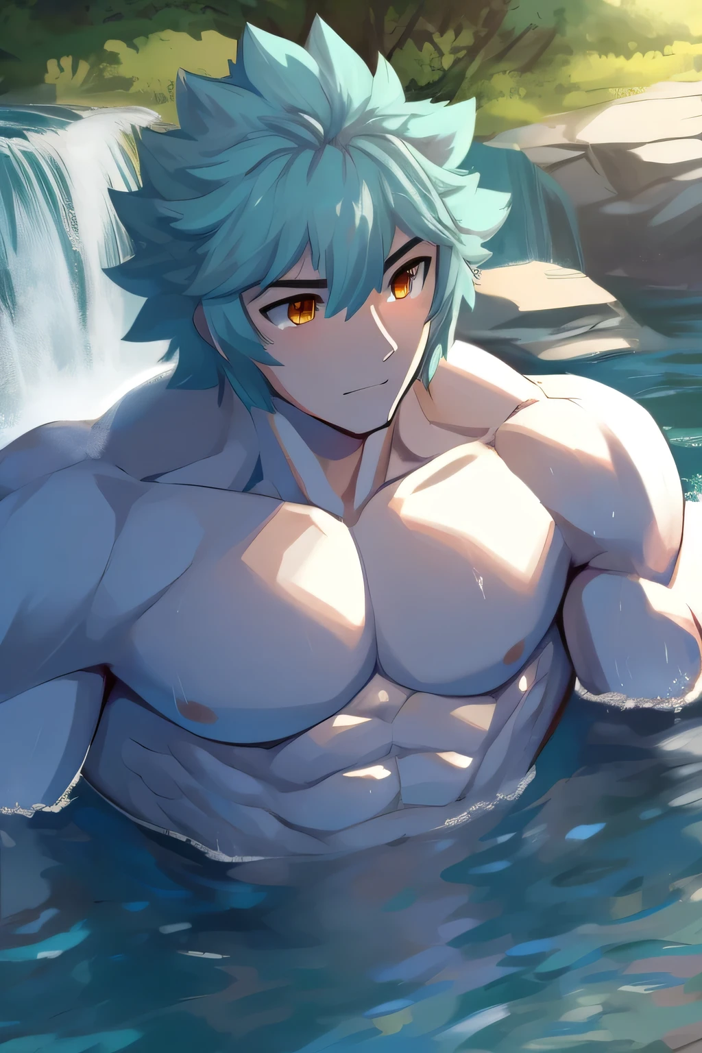 (human) a Teen Shirou Emiya, taking a bath in a river in a forest, waterfalls, short haircut, red hair, amber Eyes, dark skin trending on bbwchan, meditating pose, up close shot shinji aramaki, inspired by Abdullah Gërguri, perfect muscle structure, unreal rendered, made of rubber, pictured from the shoulders up, doomy, drool, very muscular with broad shoulders, prominent pectorals and very marked abs, bodybuilder body, huge chest, huge pecs. Mexican ethnicity. muscular gigachad benediction, the ultimate gigachad. Young man, yung face. Teen. Shirou Emiya (Shirou Emiya, Emiya Shirō)