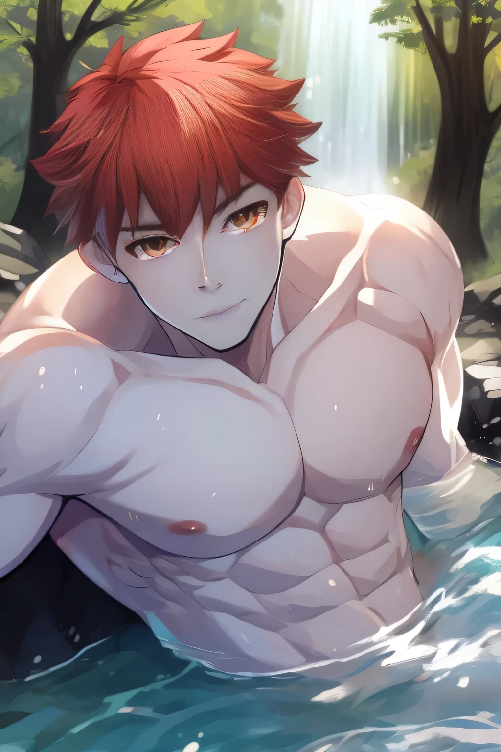 (human) a Teen Shirou Emiya, taking a bath in a river in a forest, waterfalls, short haircut, orange-red hair, amber Eyes, clear skin, trending on bbwchan, up close shot shinji aramaki, inspired by Abdullah Gërguri, perfect muscle structure, boy, very attractive boy, alone, muscular musculature, beautiful musculature, aesthetic stretch marks, inspiring physique, lean musculature, square pecs, beautiful v-shape, great abs and torso, (young face) chiseled abs, chiseled pecs, with his orange military haircut and voluminous neck, narrow waist, human, attractive face, young. Looking at the viewer, a boy who dreams of being a hero whose presence inspires confidence and respect. Shirou Emiya (Shirou Emiya, Emiya Shirō)