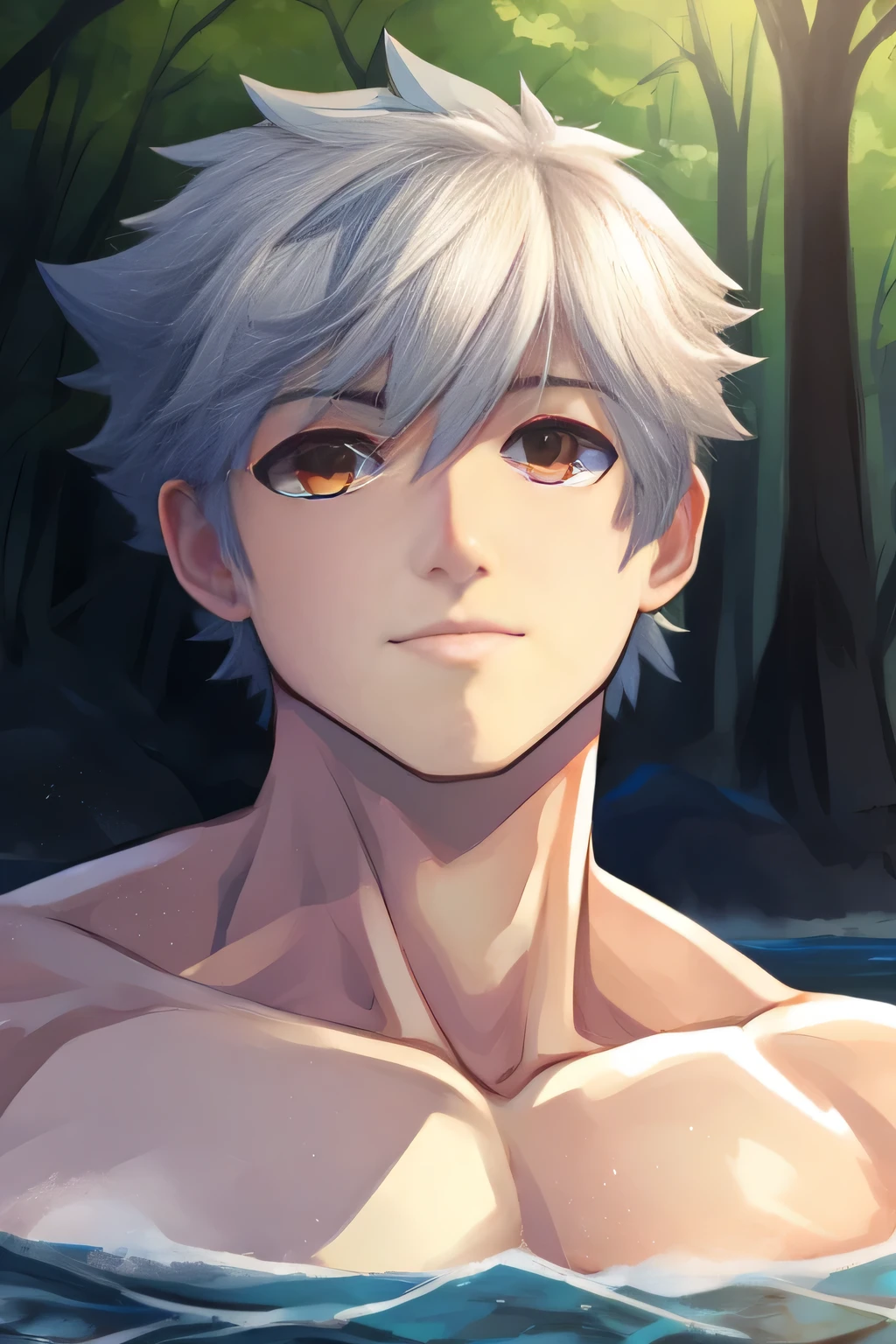 1-male, fushi(to_your_eternity), fushi(fumetsu_no_anata_e), white hair, green eyes, short hair, feeling sad, fully naked, frontal, day time, in the forest with a lake, full body, male genitals, small-size soft penis, handsome, detailed face, eyes and hands without errors, masterpiece, best quality, high detail, unity 8k wallpaper, vivid colors, detailed high quality background