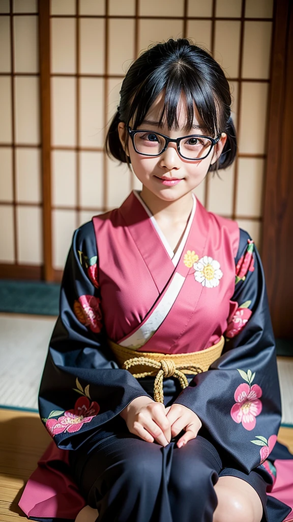 Best-quality, Masterpiece, Ultra-High-Resolution, (Photorealistic:1.4), Raw-Photo, Extremely-Details, Perfect-Anatomy, 1girl, 10-years-old, the most popular Japanese child actress, wearing Japanese luxurious KIMONO and glasses with cute design, innocent smile, sitting SEIZA in traditional Japanese room, extremely cute childish face, amazingly beautiful big black solid circle eyes, very beautiful realistic skins, very beautiful black-short-cut-haired, very beautiful child body, detailed Japanese luxurious KIMONO, detailed glasses with cute design, detailed beautiful face, detailed eyes, detailed realistic skins, detailed black-short-cut-haired, detailed body, detailed traditional Japanese room