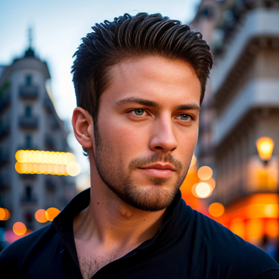 1man, A close medium shot of a charismatic male fitness model, 30 years old，small beard, Sexy and charming expression，gloomy eyes，Blue eyes, captured seen from side, looking away and smiling slightly, in a Barcelona street, sihouette in the sunset, orange-red sky, wearing black long-sleeved shirt, night city lighting, cinematic and moody, (best quality,4k,8k,highres,masterpiece:1.2),ultra-detailed,(realistic,photorealistic,photo-realistic:1.37),HDR,studio lighting,professional,vivid colors,dramatic lighting