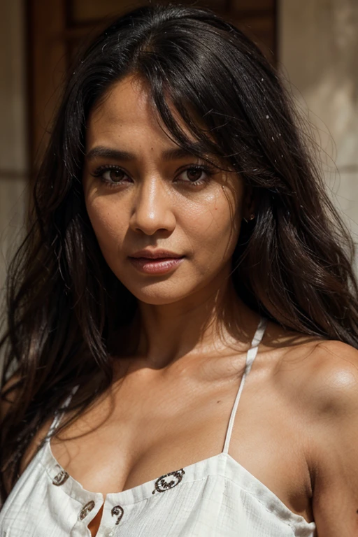 Amateur photo of a mixed-race woman, teasing, girl next door, charming, seductive, teasing, sexy, face ( gemma chan | chubby drew barrymore | young claudia cardinale | naomi campbell ), plump body, chubby, tight white tank top, hair attached, hair bun, short hair, amateur photo, iPhone X,