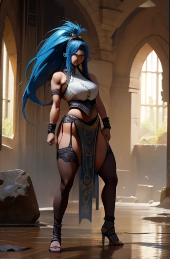 Ponytail, beautiful female warrior, approximately 20 years of age, with a perfect body and dressed in shiny leather elements? The character has dark blue hair with red highlights, tied in a horse tail, and holds a short sword in her hand. I would like the drawing to be done in any graphic convention that fits the character’s nature, wet skin, shiny skin, Organza flowing coat, photorealistic: 2.0.