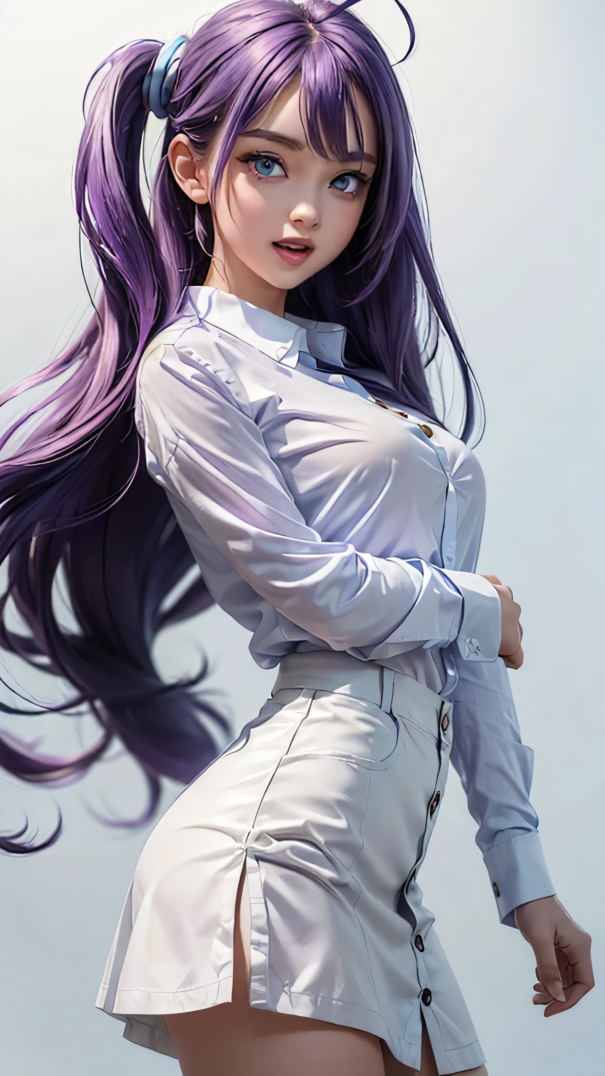 Chinese Idol Cute Mature Woman The spring wind blows large amount of wisteria flowers Lavender Fields Purple hair with bangs Hair blowing in the wind Rimless glasses Bright red rouge lips Big Breasts Wet purple shirt Blue denim hot pants Knee-high boots Turn around with your back Sit with your buttocks sticking out Turn around and make eye contact Photorealistic Happy expression Duck mouth masterpiece