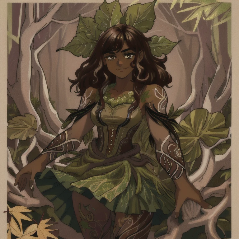 ((best quality)), ((highly detailed)), masterpiece, (detailed eyes, deep eyes), (1girl), cowboy shot, (dryad), (((plant_hair:2, brown hair, leaves in hair))), (((dark brown skin:1.5))), (serene smile), green eyes, tall woman, ((intricate tattoos:1.4)), (green tattoos), (rune tattoos), nature, ((leaf skirt, clothes made of plants:1.4)), medium breasts, mushrooms, RootsBranchesAI woman