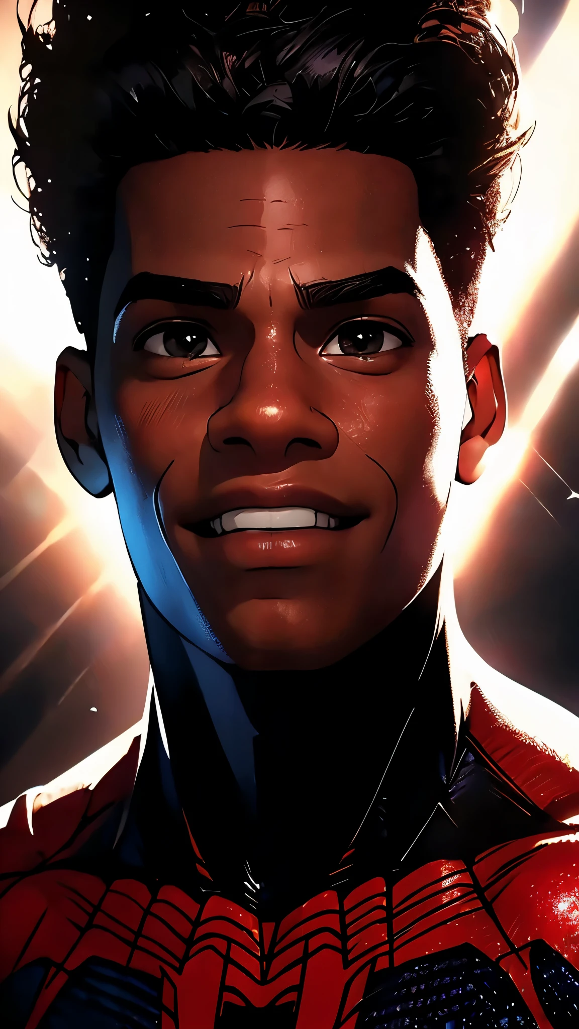 envision a 8k, highres, cinematic, detailed, semi realistic close up portrait of Miles, dark skin, slender muscular body, slender face, black hair, brown eyes, wide confident smile, ((black and white Superhero suit)), (((1boy))), in dark lighting, against a dark background