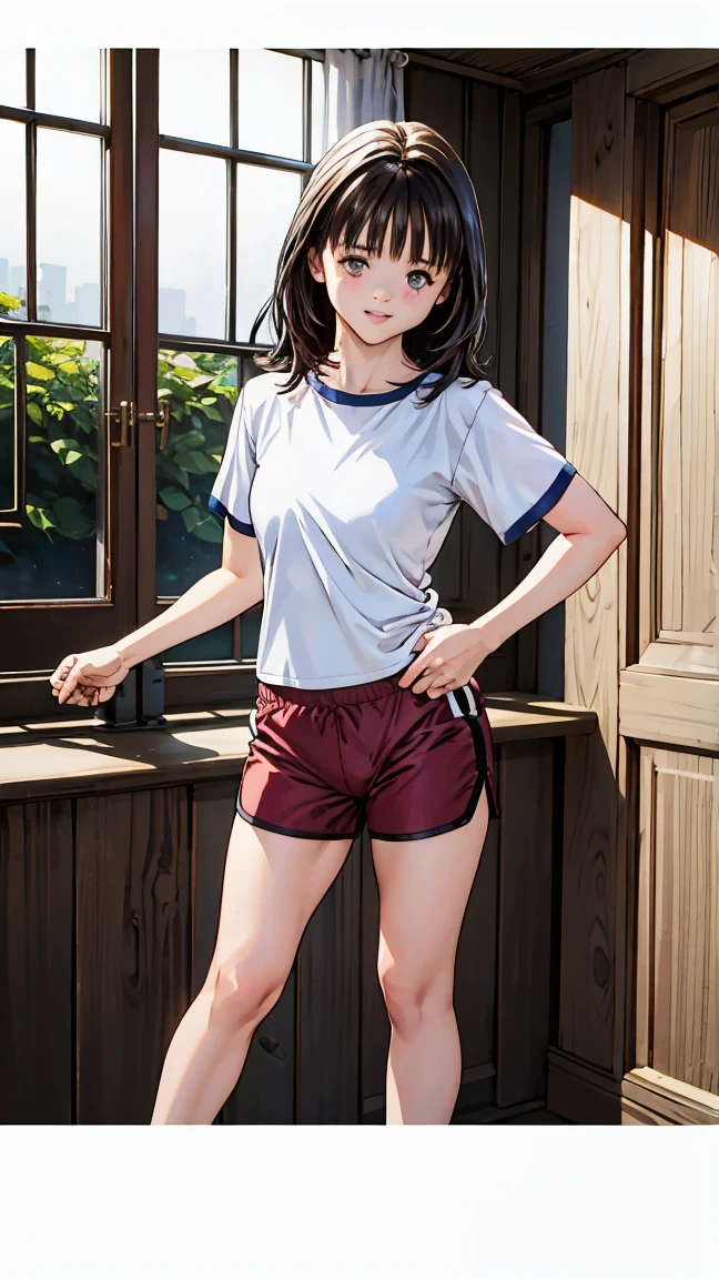 masterpiece, Best Quality, shape, Very detailed, Fine points, High resolution, 8k,wallpaper, Perfect dynamic composition,(High quality with attention to detail, Realistic depiction of eyes:1.3), (Short sleeve white T-shirt, Navy shorts, Gymウェア), Short Hair, Short Bob, , Black Hair, Big Natural Color Lip,), Perfect shape, Crying a little、A small smile、 Harajuku Style、20-year-old girl、Cute type、field, Burning idol pose, Full body photo、Focus on the crotch, Gym)