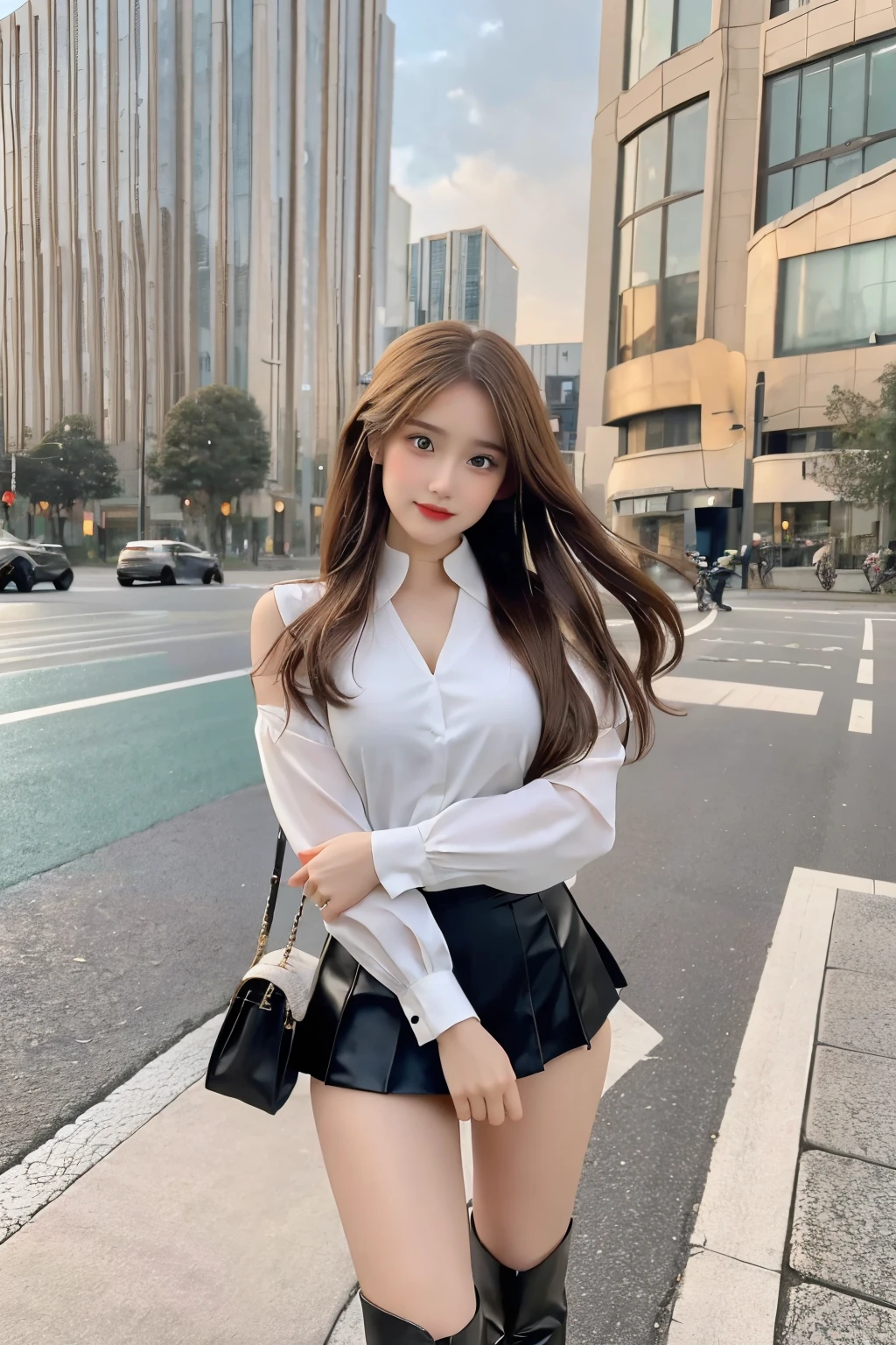 ulzzang-6500-v1.1, (RAW photo: 1.2), (Real photo), (Real photo: 1.4), 1 girl、Perfect anatomy、19 years old、Looking at the camera、Medium length hair, On the highway, the road is empty, the sky is at dusk and the moon and stars have begun to appear, ((on the highway: 1.1)), (clothes: 1.2), (Business service)、Asian eyes Ella,