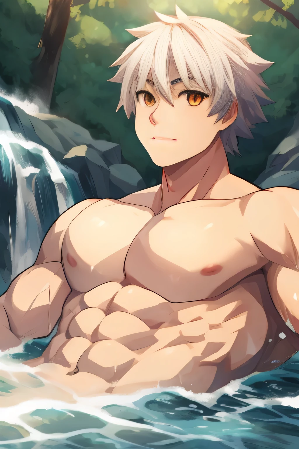 A naked muscular guy with white hair and red eyes,sweaty and tired looking and some white fluid all over his body