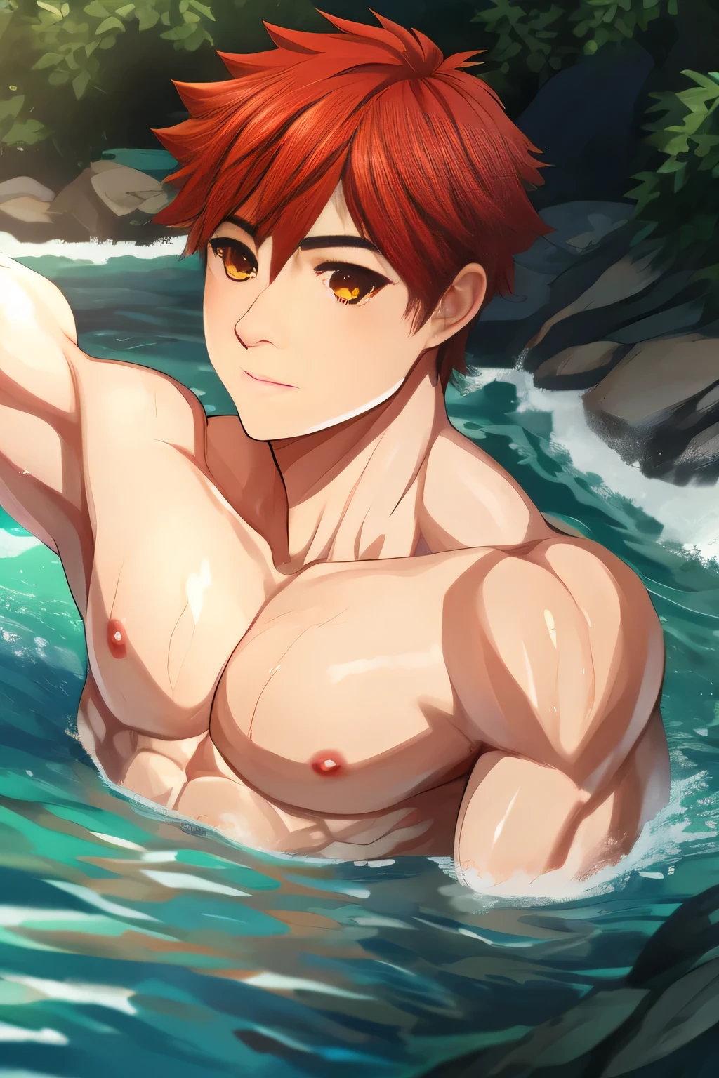 (human) a Teen Shirou Emiya, taking a bath in a river in a forest, waterfalls, short haircut, orange-red hair, amber Eyes, Light skin with a slight tan. Tanned, trending on bbwchan, up close shot shinji aramaki, inspired by Abdullah Gërguri, perfect muscle structure, boy, very attractive boy, alone, muscular musculature, beautiful musculature, aesthetic stretch marks, inspiring physique, lean musculature, square pecs, beautiful v-shape, great abs and torso, (young face) chiseled abs, chiseled pecs, with his orange military haircut and voluminous neck, narrow waist, human, attractive face, young. Looking at the viewer, a boy who dreams of being a hero whose presence inspires confidence and respect. Shirou Emiya (Shirou Emiya, Emiya Shirō)