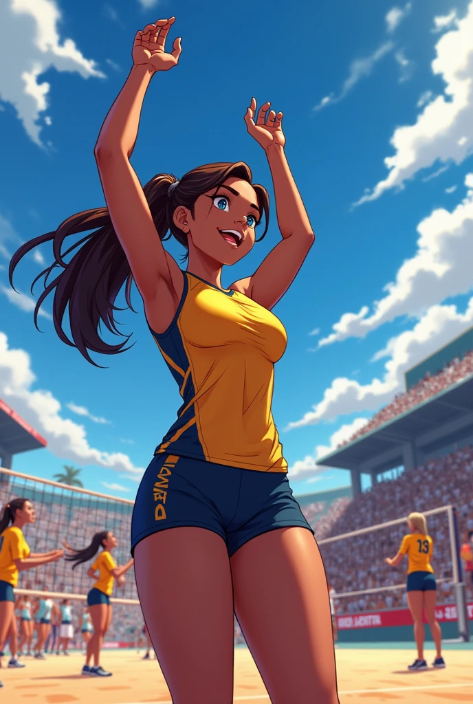 1girl (Kitty Pryde), Close Up, Masterpiece, Brown eyes, long brown hair, White skin, Small breasts, yellow and black sports clothes showing shoulders, Highres, looking at the spectator, solo, running on an athletics field, sweat, detailed athletics track, sunny day, comic book style