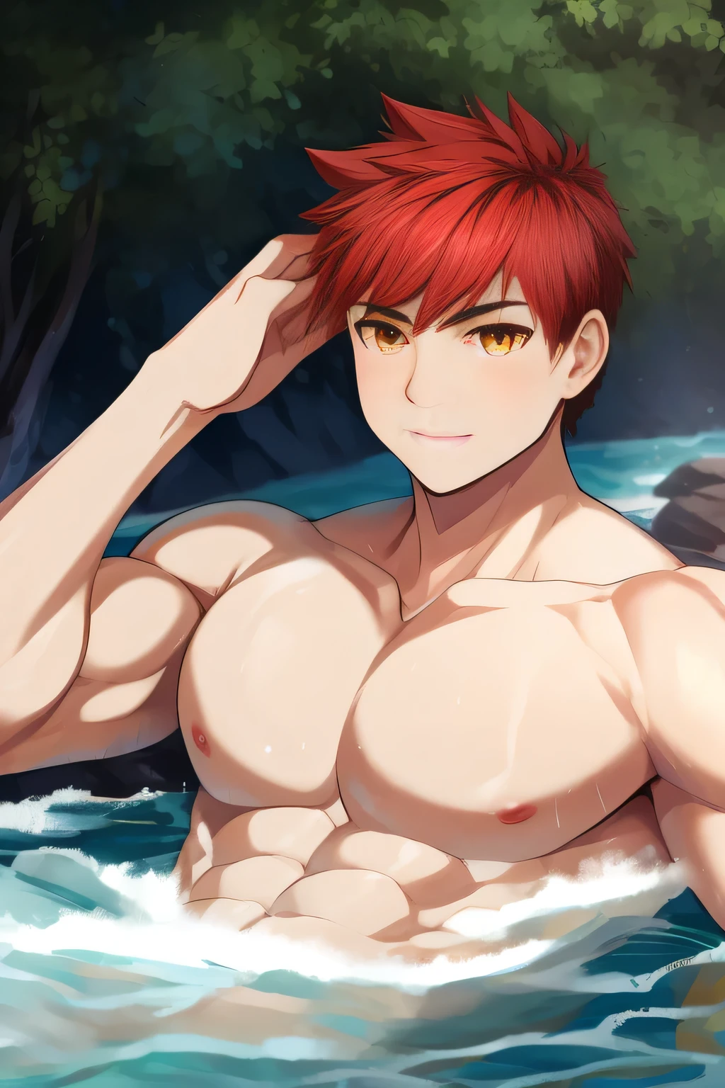 (human) a Teen Shirou Emiya, taking a bath in a river in a forest, waterfalls, short haircut, orange-red hair, amber Eyes, Light skin with a slight tan. Tanned, trending on bbwchan, up close shot shinji aramaki, inspired by Abdullah Gërguri, perfect muscle structure, boy, very attractive boy, alone, muscular musculature, beautiful musculature, aesthetic stretch marks, inspiring physique, lean musculature, square pecs, beautiful v-shape, great abs and torso, (young face) chiseled abs, chiseled pecs, with his orange military haircut and voluminous neck, narrow waist, human, attractive face, young. Looking at the viewer, a boy who dreams of being a hero whose presence inspires confidence and respect. Shirou Emiya (Shirou Emiya, Emiya Shirō)