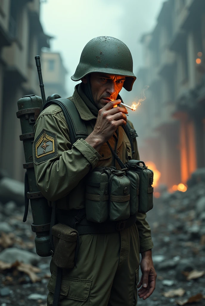 sitting ww2 soldier with cigarette while enemy ambushing at behind, symetric photo, masterpiece, high definition render, 4K render, cinematic, ultra realistic, at night, cinematic lighting, war