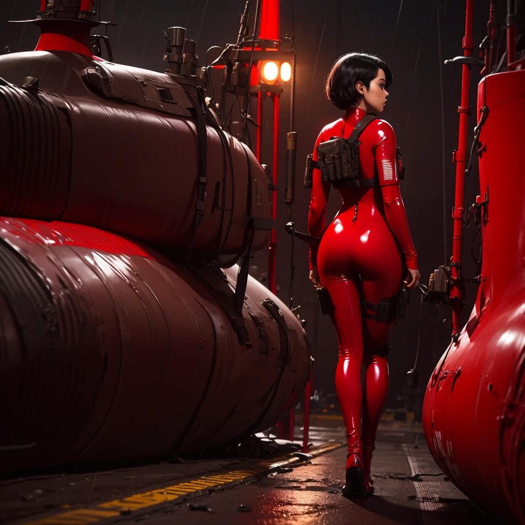 (1 girl operator wearing a red latex bodysuit) in full body from behind ready for assignment in a naval base during a rainy night, short black hair, vector art, military style, submarine in the background, call of duty, cinematic scene like the movie Crimson Tide, powerful scene, masterpiece, best quality, logo, brand,