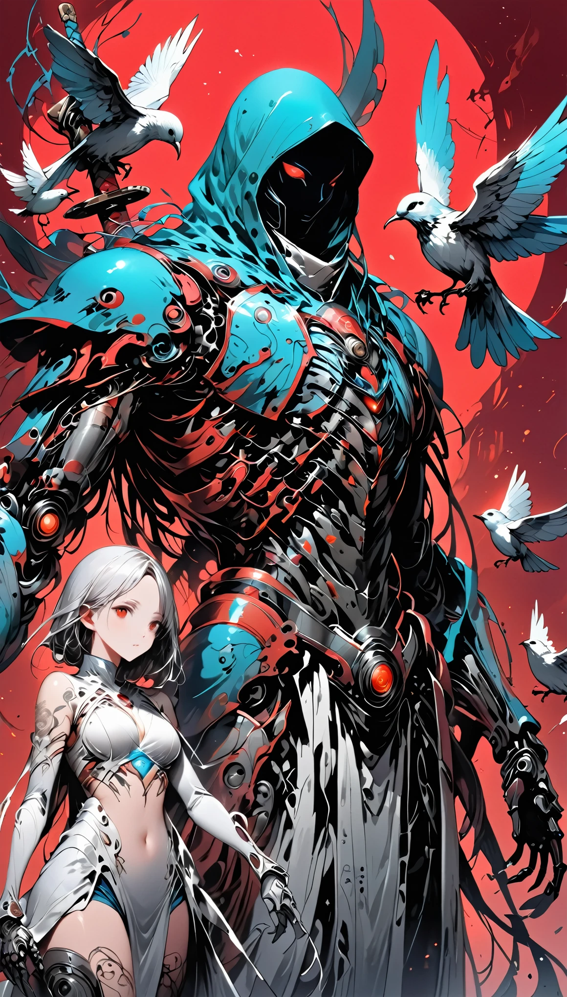 A cyber war with highly advanced mechanical arms and legs, perfectly fused with his human body. Her artificial skin shines with the metallic reflection of the robotic parts that cover her limbs., showing a contrast between the organic and the mechanical. She wears a tight white top that highlights her athletic build., while his detailed tattoos, of flowers and birds, adorn their torso and thighs, adding a touch of humanity and art to its futuristic appearance. They look ahead with determination Behind them, A katana sword is fixed, Ready for combat The deep red background highlights her figure, creating a bold and energetic atmosphere The mechanical details on its extremities show cutting-edge technology. Chrome finish and perfectly integrated with your skin. The warrior seems to be ready for a mission, merging strength, precision and aesthetics in one body