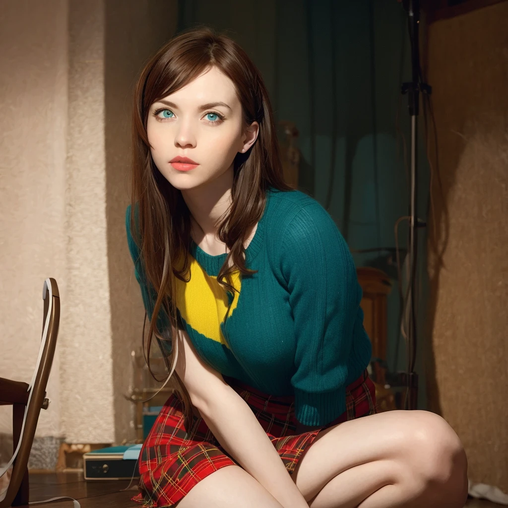 A young woman with pale, fair skin and long, wavy reddish-brown hair. She has bright green eyes, an oval-shaped face with delicate features, and thin pale lips. She is dressed in a sleeveless yellow top and blue-striped underwear, holding up a vibrant red plaid skirt. The setting is indoors against a light pastel wallpaper backdrop with soft lighting. The expression on her face is inquisitive, adding a subtle element of mystery. The scene feels minimalist and casual, with a blend of youthful curiosity and fashion.