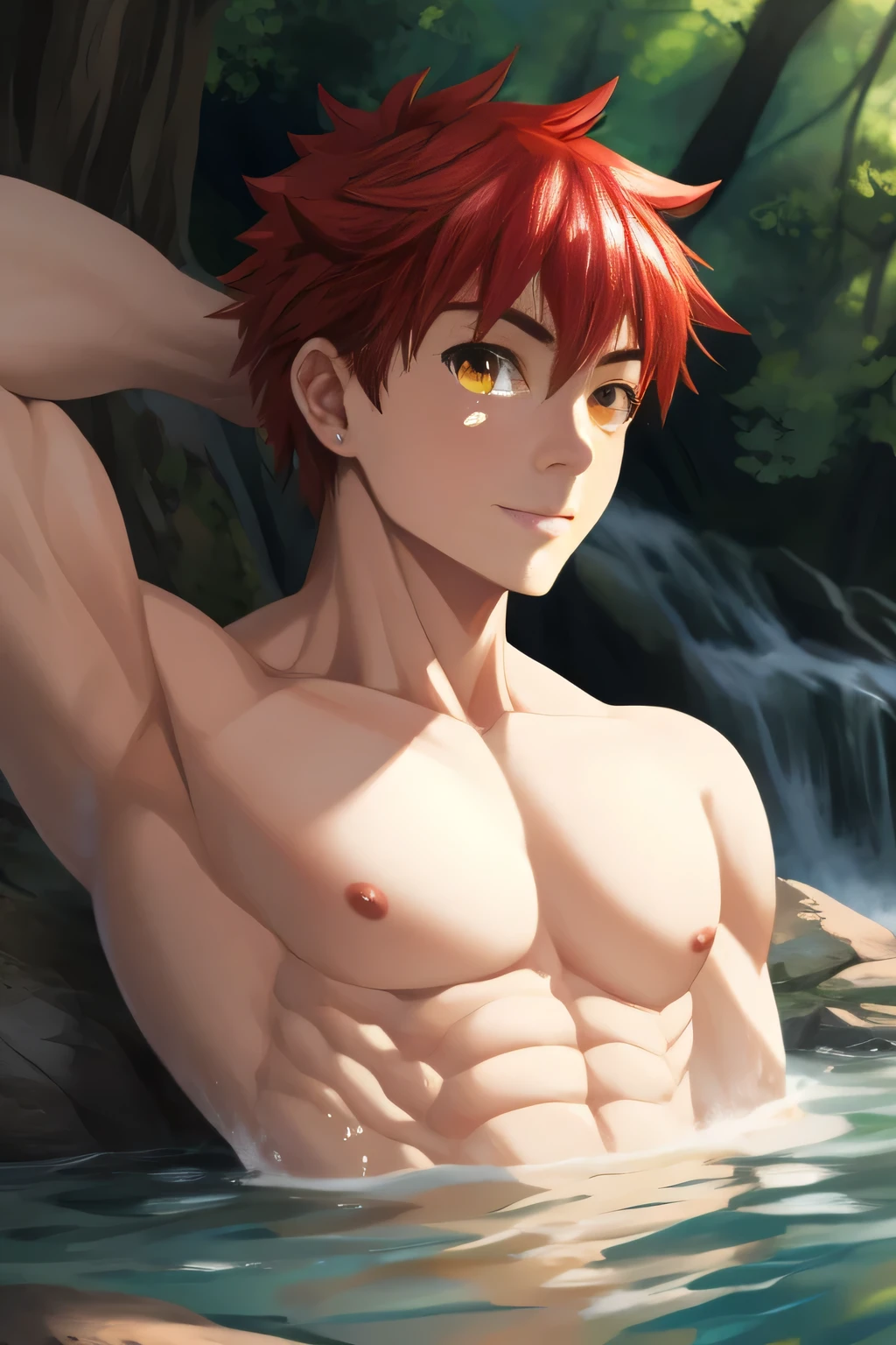 (human) a Teen Shirou Emiya, taking a bath in a river in a forest, waterfalls, short haircut, orange-red hair, amber Eyes, Light skin with a slight tan. Tanned, trending on bbwchan, up close shot shinji aramaki, inspired by Abdullah Gërguri, perfect muscle structure, boy, very attractive boy, alone, muscular musculature, beautiful musculature, aesthetic stretch marks, inspiring physique, lean musculature, square pecs, beautiful v-shape, great abs and torso, (young face) chiseled abs, chiseled pecs, with his orange military haircut and voluminous neck, narrow waist, human, attractive face, young. Looking at the viewer, a boy who dreams of being a hero whose presence inspires confidence and respect. Shirou Emiya (Shirou Emiya, Emiya Shirō) ((extremely realistic shadows, masterpiece, extremely detailed, photorealistic))  ((detailed eyes. AMBER EYES.))