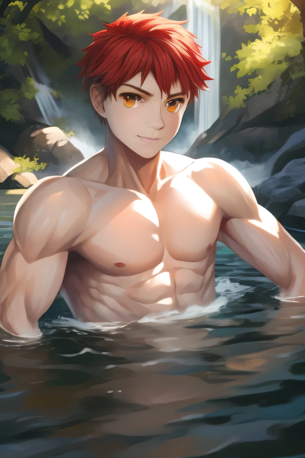 (human) a Teen Shirou Emiya, taking a bath in a river in a forest, waterfalls, short haircut, orange-red hair, amber Eyes, Light skin with a slight tan. Tanned, trending on bbwchan, up close shot shinji aramaki, inspired by Abdullah Gërguri, perfect muscle structure, boy, very attractive boy, alone, muscular musculature, beautiful musculature, aesthetic stretch marks, inspiring physique, lean musculature, square pecs, beautiful v-shape, great abs and torso, (young face) chiseled abs, chiseled pecs, with his orange military haircut and voluminous neck, narrow waist, human, attractive face, young. Looking at the viewer, a boy who dreams of being a hero whose presence inspires confidence and respect. Shirou Emiya (Shirou Emiya, Emiya Shirō) ((extremely realistic shadows, masterpiece, extremely detailed, photorealistic))  ((detailed eyes. AMBER EYES.))