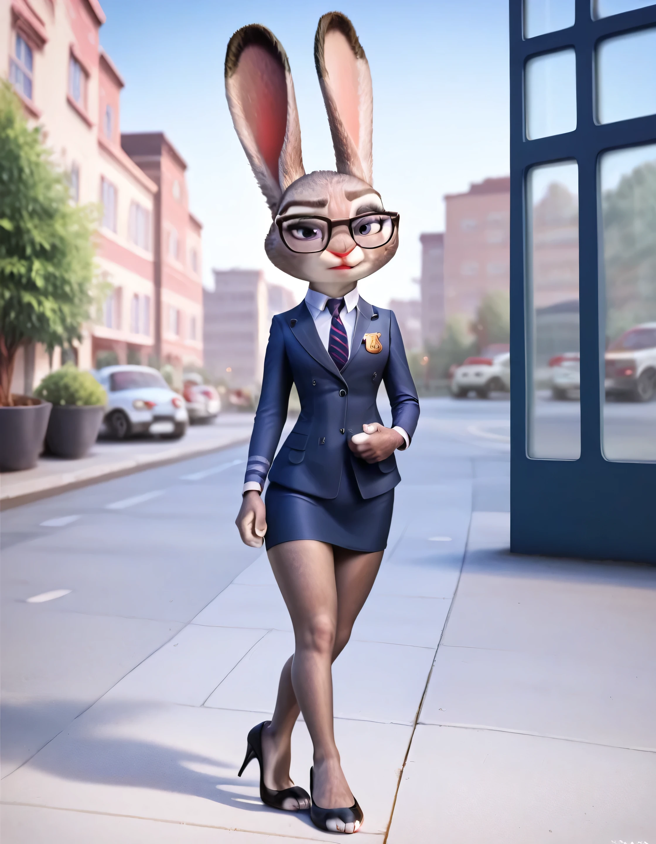 score_9, score_8_up, score_7_up, score_6_up, cinematic,natural skin texture, hyperrealism, professional photography, Depth of field, bokeh, photorealistic, realistic, female anthro rabbit, zootopia style, judyhopps, half-closed eyes, anthro in heat, detailed grey fur, judyhopps,  double-breasted suits, 1girl, solo, glasses, formal, jewelry, suit, necktie, jacket, shirt, standing, window, jacket, shirt, skirt, makeup, pocket square, cufflinks, tie clip, tight clothing, formal clothing, , thigh gap, high heels, bare legs, shiny  eyeshadow