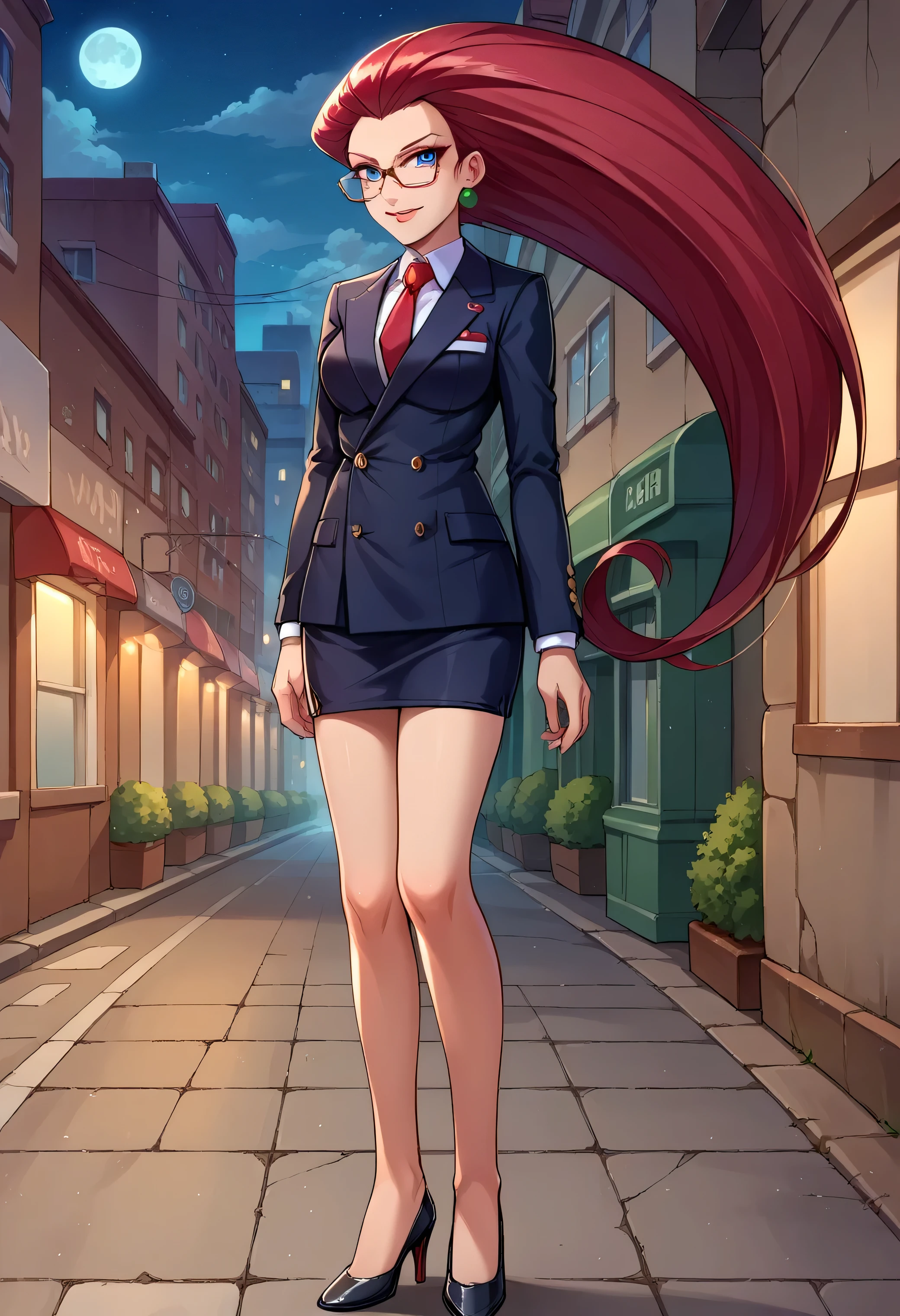 score_9,score_8_up,score_7_up,score_6_up, source_anime, 1girl, solo, EPpkJessie, long hair, blue eyes, red hair, hair slicked back, medium breasts, smile,  double-breasted suits, 1girl, solo, glasses, formal, jewelry, suit, necktie, jacket, shirt, standing, window, jacket, shirt, skirt, high heels, pocket square, cufflinks, tie clip, tight clothing, formal clothing,,standing,empty streets,night,fog,moon,