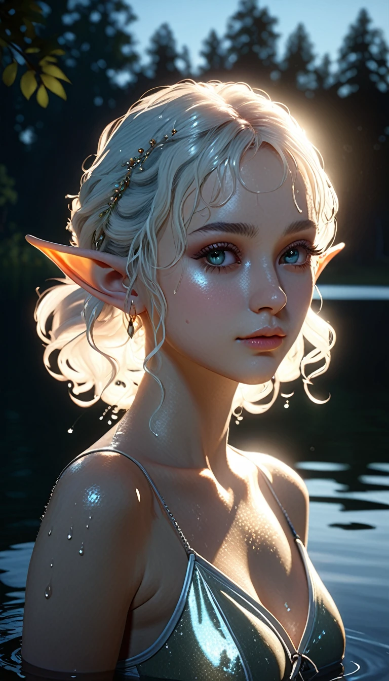 beautiful elf，Beautiful，moonlight，lake water，wet，transparent，Real light and shadow contrast，Realistic ray tracing，True light falloff，anti-aesthetic style，Poodlepunk，Snapshot aesthetic style 