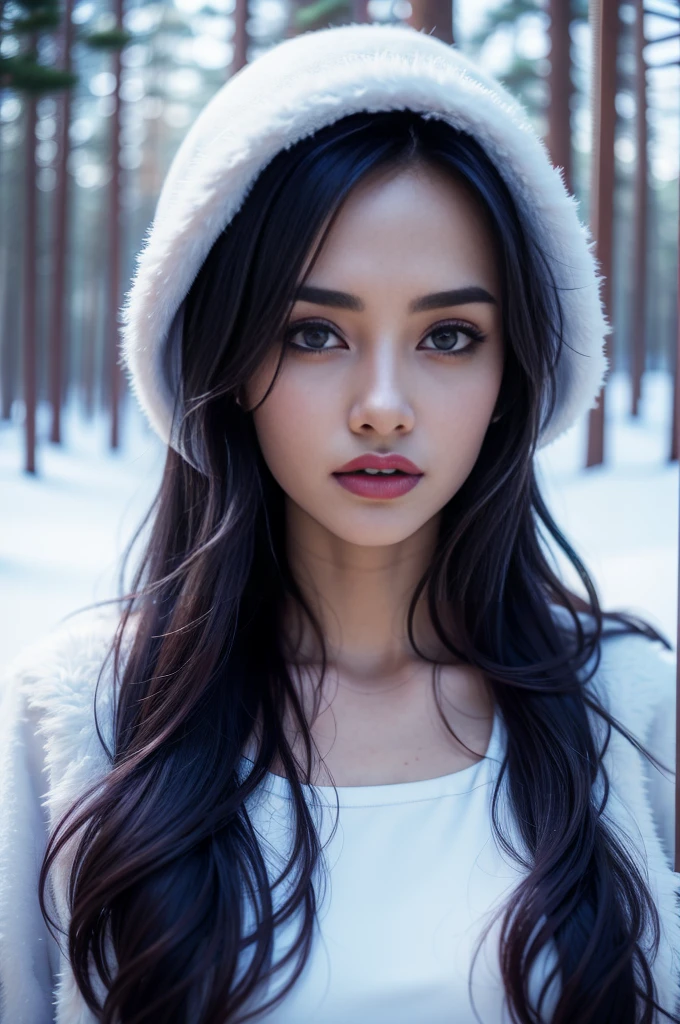 (best quality,4k,8k,highres,masterpiece:1.2),ultra-detailed,(realistic,photorealistic,photo-realistic:1.37),beautiful detailed eyes,beautiful detailed lips,extremely detailed eyes and face,longeyelashes,1girl,winter,snow,snow-covered landscape,snowy forest,overcast sky,soft lighting,warm color palette,atmospheric,cinematic,dramatic,elegant,graceful,serene