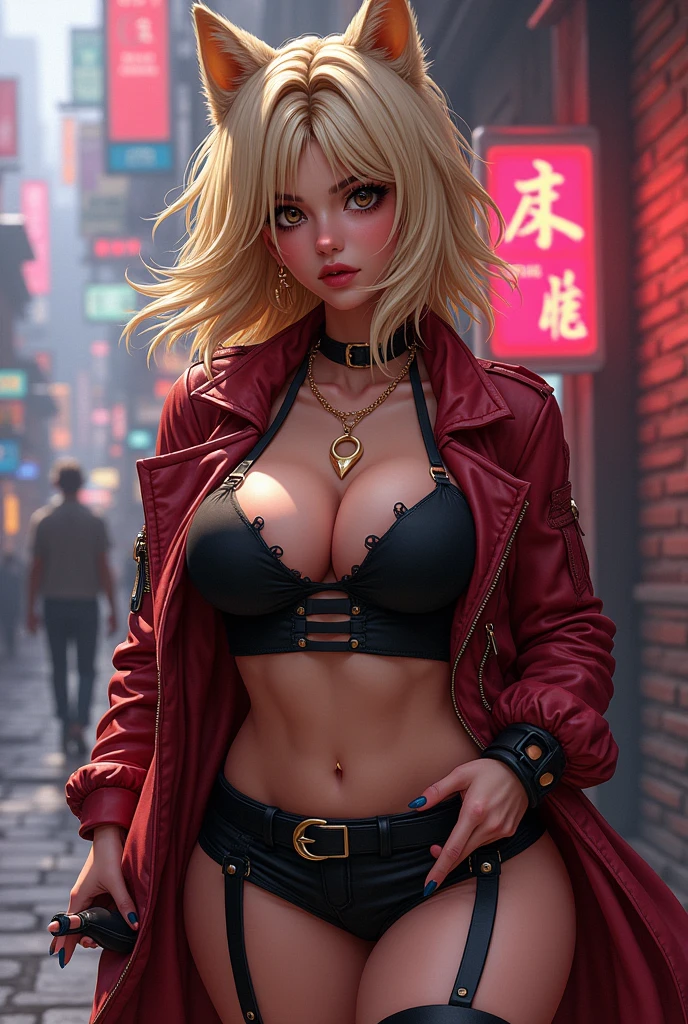 (best quality, 8k, highres, photorealistic:2.0), (solo, one girl:2.0),(lighting:front),(lighting: strong),(Photographed in the downtown area:2.0),(american beauty:2.0),(elderly woman:2.0),(women is very muscular:1.5),(shiny skin:1.5),(oily skin:1.5),(platinum blonde hair color:1.5),(ultimate beautiful women),(very elegant woman:1.3),(Wearing tiny sexy panties:1.6),(sexy lingerie:1.5),((jacket zip full open)),(navel is visible),(abdomen is visible),(waist is visible),Blush brown makeup , dark eye makeup ,pink lipstick,(big eyes women:1.3),(intense sex appeal:1.5),(expensive necklace),