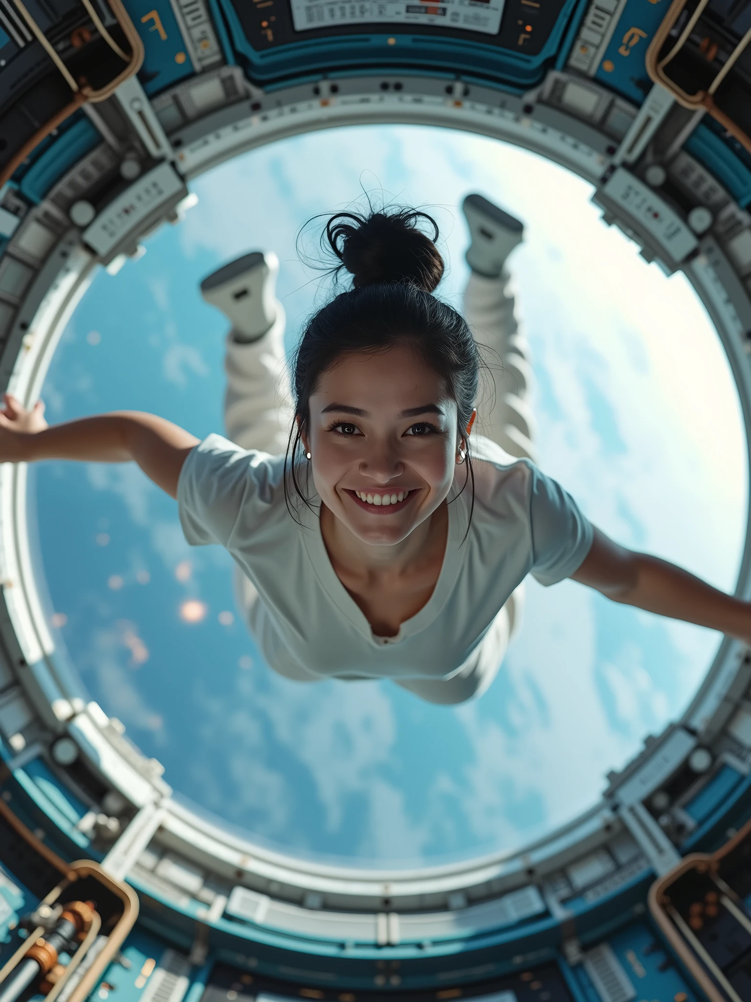 (8k, RAW photo, best quality, masterpiece), (photorealistic), outstanding details, ultra-high resolution, anatomically correct, textured skin, (Extremely precise and accurate ???????),
Ultra Detailed Face, Detailed Eyes,
(whole body), (full body), (Wide-angle lens effect:1.2),
a beautiful female space pilot, (Cute Japanese girl , 20-year-old), (light smile:1.2), (Mouth slightly open) ,
(white tank top), (blue leggings), barefoot, Side braids, Brown Hair, cinematic lighting in the hair, hair light, wind in the hair,
the girl is floating around in zero gravity in a cabin of a futuristic spaceship,
no gravity, weightless, flying around, Free to move up and down,
(A spacious white cylindrical cabin), a minimalist cabin, white walls, subdued light in the spaceship, lots of displayers and instruments are the main source for the light in the scene, displayers in orange and blue light,
(through a window in the spaceship we can see the black hole from the movie Interstellar), or a spiral galaxy,
(backlighting),
(reflection light from below:1.4),
atmospheric perspective, depth of field,
(dramatic lighting), cinematic lighting,