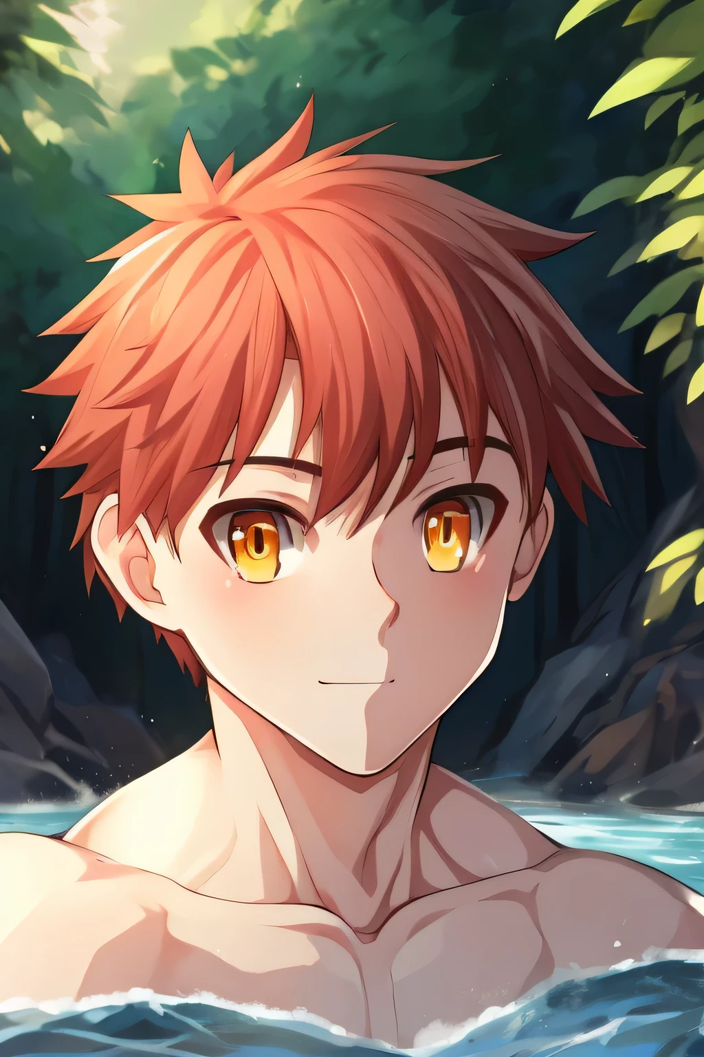 Type-moon stile. Anime stile. FATE/STAY NIGHT Style. (human) a Teen Shirou Emiya, taking a bath in a river in a forest, waterfalls, short haircut, orange-red hair, amber Eyes, Light skin with a slight tan. Tanned, trending on bbwchan, up close shot shinji aramaki, inspired by Abdullah Gërguri, perfect muscle structure, boy, very attractive boy, alone, muscular musculature, beautiful musculature, aesthetic stretch marks, inspiring physique, lean musculature, square pecs, beautiful v-shape, great abs and torso, (young face) chiseled abs, chiseled pecs, with his orange military haircut and voluminous neck, narrow waist, human, attractive face, young. Looking at the viewer, a boy who dreams of being a hero whose presence inspires confidence and respect. Shirou Emiya (Shirou Emiya, Emiya Shirō) ((detailed eyes. AMBER EYES.))