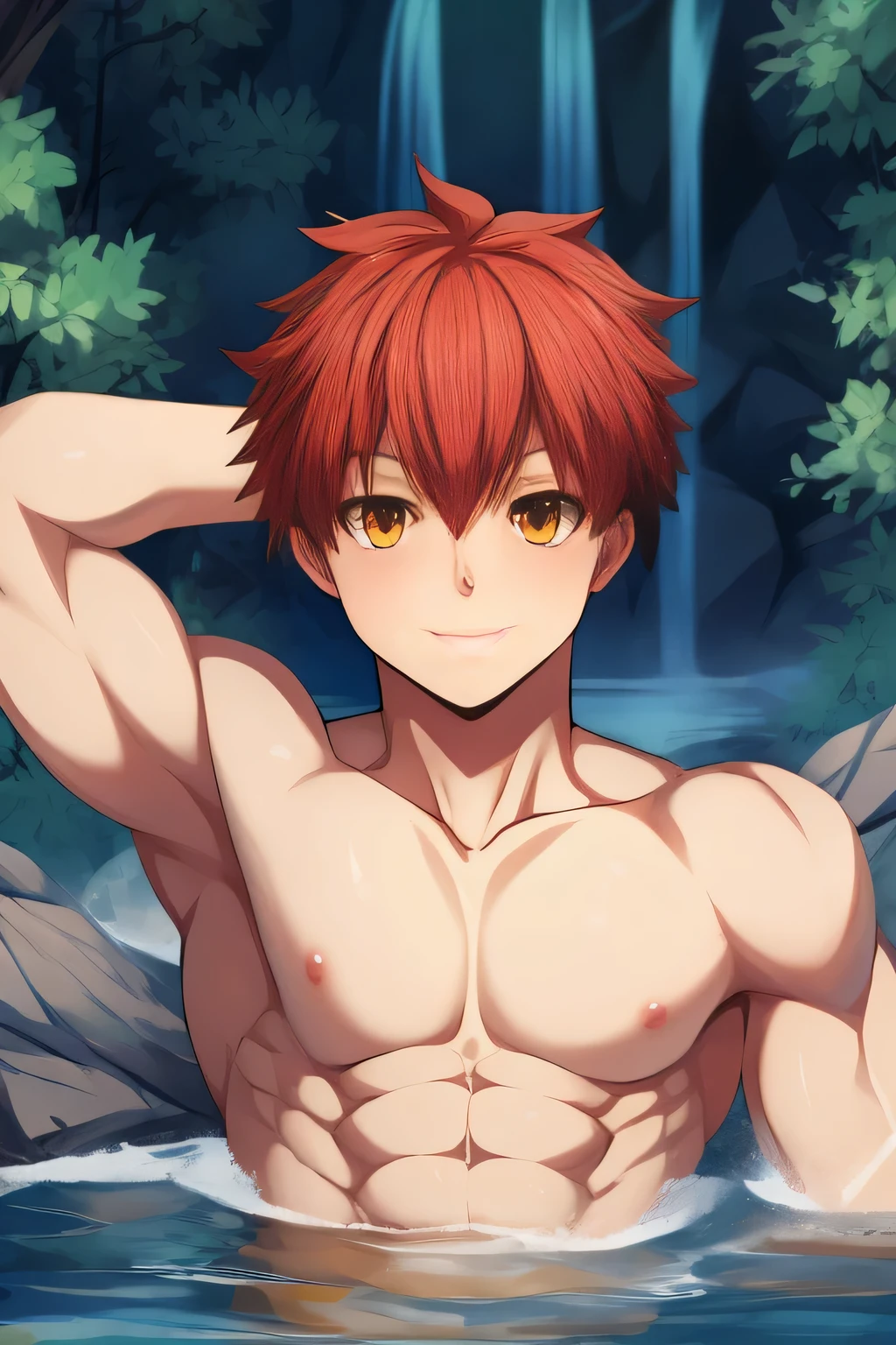 Type-moon stile. Anime stile. FATE/STAY NIGHT Style. (human) a Teen Shirou Emiya, taking a bath in a river in a forest, waterfalls, short haircut, orange-red hair, amber Eyes, Light skin with a slight tan. Tanned, trending on bbwchan, up close shot shinji aramaki, inspired by Abdullah Gërguri, perfect muscle structure, boy, very attractive boy, alone, muscular musculature, beautiful musculature, aesthetic stretch marks, inspiring physique, lean musculature, square pecs, beautiful v-shape, great abs and torso, (young face) chiseled abs, chiseled pecs, with his orange military haircut and voluminous neck, narrow waist, human, attractive face, young. Looking at the viewer, a boy who dreams of being a hero whose presence inspires confidence and respect. Shirou Emiya (Shirou Emiya, Emiya Shirō) ((detailed eyes. AMBER EYES.))