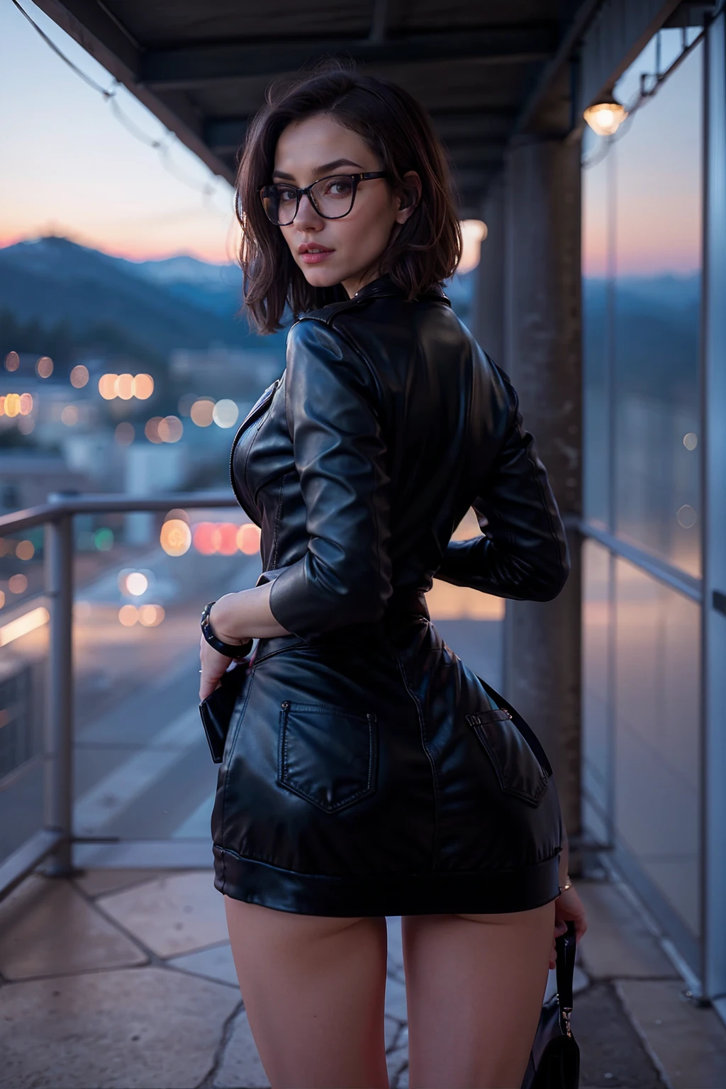 masterpiece, best quality, (lifelike:1.4), beautiful woman, from behind, round ass, short brown hair, light gray glasses, black leather jacket, medium shot, high resolution, 4k photos, high resolutionolution, In the style of Gregory Crewdson, photorealism, surreal, Bokeh, Canon 5D Mark II, sigma 85mm f/1.4, ISO 400, 1/160 seconds, medium format printing, Inspired by Darren Allen