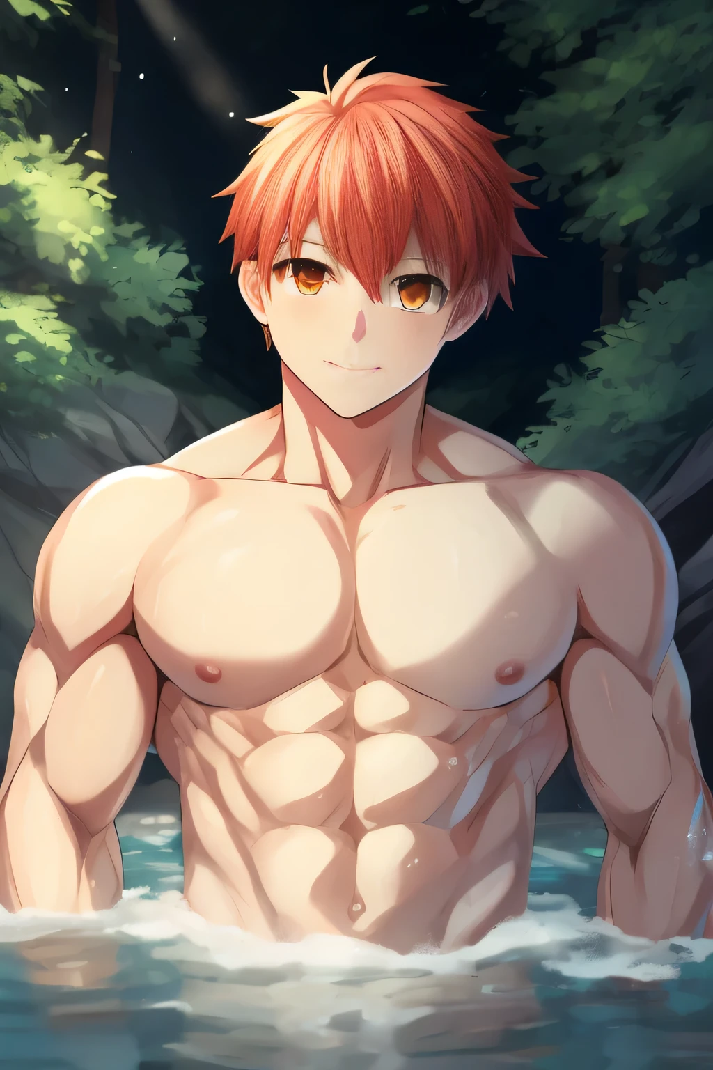 Type-moon stile. Anime stile. FATE/STAY NIGHT Style. (human) a  Shirou Emiya, taking a bath in a river in a forest, waterfalls, short haircut, orange-red hair, amber Eyes, Light skin with a slight tan. Tanned, trending on bbwchan, up close shot shinji aramaki, inspired by Abdullah Gërguri, perfect muscle structure, boy, very attractive boy, alone, muscular musculature, beautiful musculature, aesthetic stretch marks, inspiring physique, lean musculature, square pecs, beautiful v-shape, great abs and torso, (young face) chiseled abs, chiseled pecs, with his orange military haircut and voluminous neck, narrow waist, human, attractive face, young. Looking at the viewer, a boy who dreams of being a hero whose presence inspires confidence and respect. Shirou Emiya (Shirou Emiya, Emiya Shirō) ((detailed eyes. AMBER EYES.))