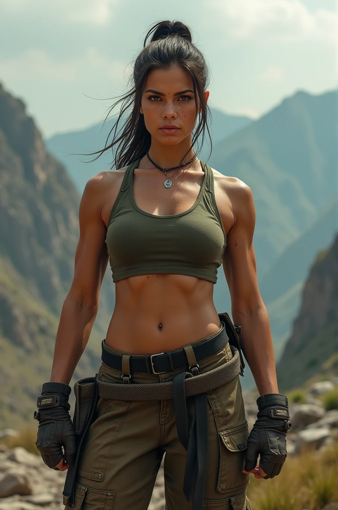 a woman poses in a desert area, time traveling bloodthirsty gunwoman, muscle girl, green nomad, gorgeous female, a sexy brunette warrior, anna faris