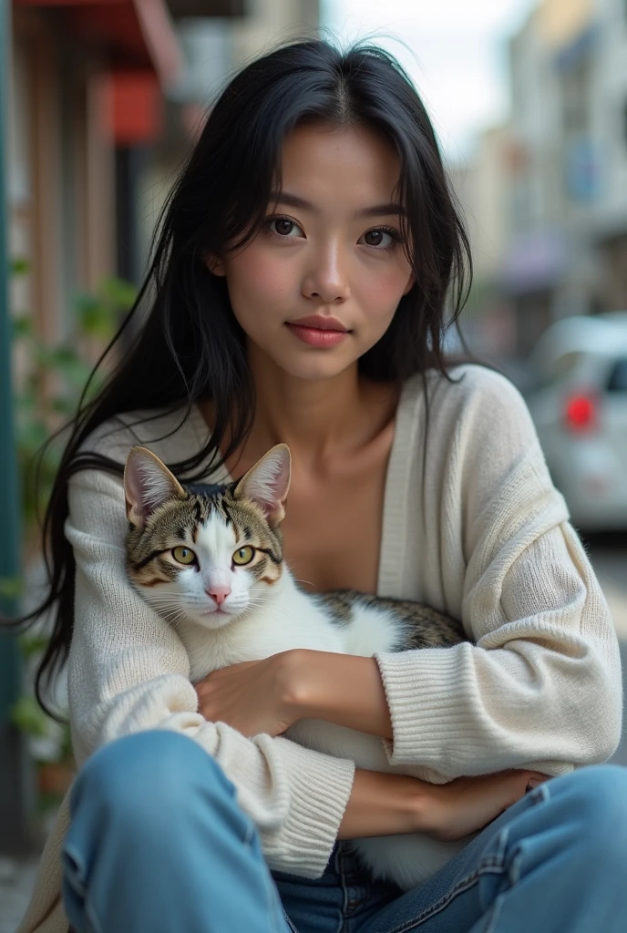 Mujer joven japonesa con vestido blanco sosteniendo un gato en sus brazos, Mujer y gato, Mujer / cat hybrid, Hermosa joven catgirl, Atractiva chica gato, She is holding a cat in her arms, Foto de una mujer hermosa, Mujer atractiva, Mujer con orejas de gato, Atractiva hembra, Mujer preciosa, chica atractiva, hermosa joven, Mujer preciosa, Kinematic, Color Grading, Profundidad de campo, hiper detallado, Fotorrealismo, beautiful color coding, Detalles locos, editorial photograph, fotorrealista, UDisco duro , Disco duroR, Disco duro, natural lighting, Canon EOS R3, F1.4, ISO 200, 1160s, 32K, .RAW, Pro Photo RGB, ultrarrealista, Angle low, Canon 5d, DSLR, Retrato de 50 mm, DOF, Renderizado de rayos V , 8k, Trazado de rayos, Bokeh, Destello de lente, alta calidad, 400 MP, Megapixels, Super resolution, Photoshop, Pinterest , Instagram Influencer, Kinematic, Color Grading, Profundidad de campo, hiper detallado, Fotorrealismo, beautiful color coding, Detalles locos, editorial photograph, fotorrealista, UDisco duro , Disco duroR, Disco duro, natural lighting, Canon EOS R3, F1.4, ISO 200, Prompts negativos