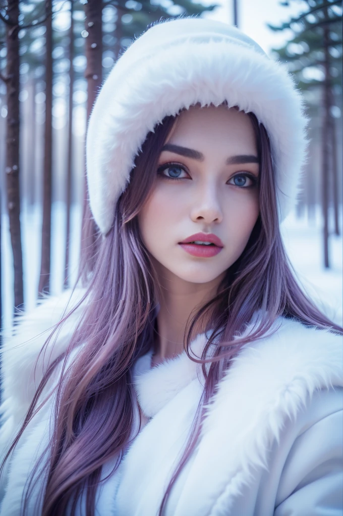 (best quality,4k,8k,highres,masterpiece:1.2),ultra-detailed,(realistic,photorealistic,photo-realistic:1.37),beautiful woman in snowy European landscape, detailed face, piercing blue eyes, full lips, long eyelashes, flawless skin, pale complexion, white fur coat, snowflakes in the air, snow-covered trees, overcast sky, dramatic lighting