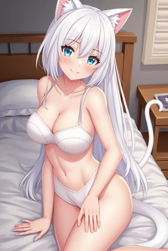 1girll，Bare lower body，eBlue eyes，White color hair，Beds，Girl in bed，Open your with your hands，The girl showed a shy expression，Block intimate parts with objects（anatomy correct），（4K），（mito）