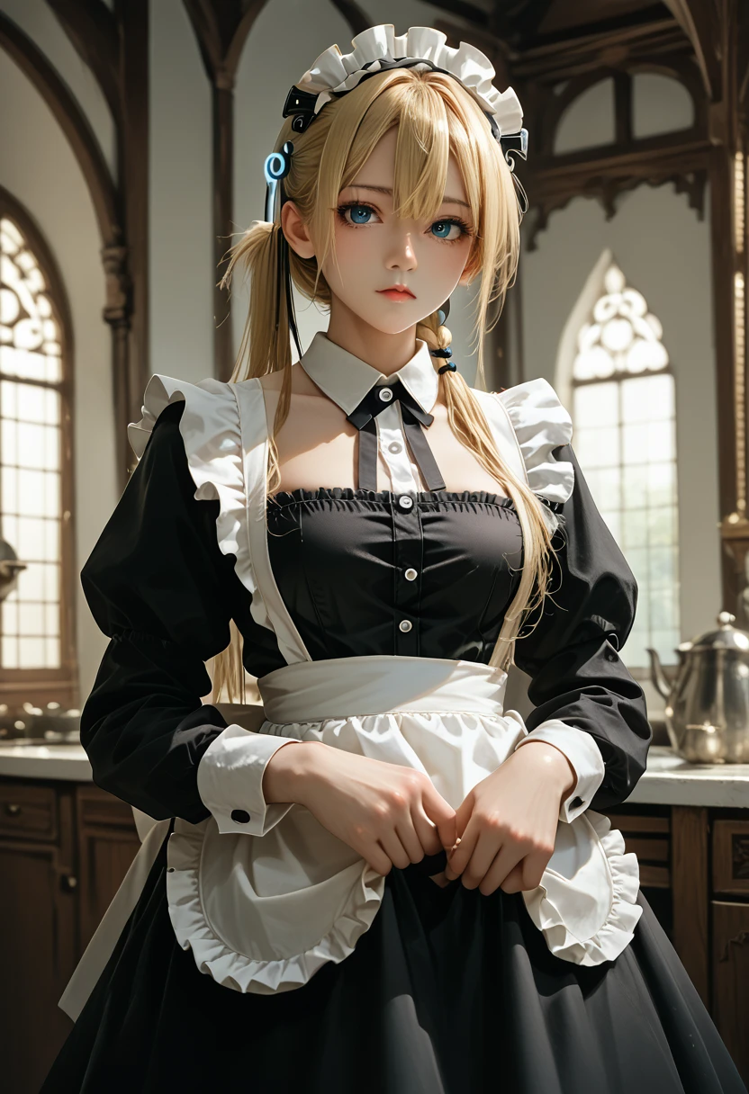 A masterpiece, best quality, high resolution, 1 girl, Hayasaka Moon, One, blonde hair, maid, Blue eyes, Side tail, Hair elastic, Hair decoration, синяя Hair elastic, maid headdress, apron, hair between the eyes, breast, long sleeves, bang, white shirt, black dress, sidelocks, maid apron, black tights,  cowboy shot,  