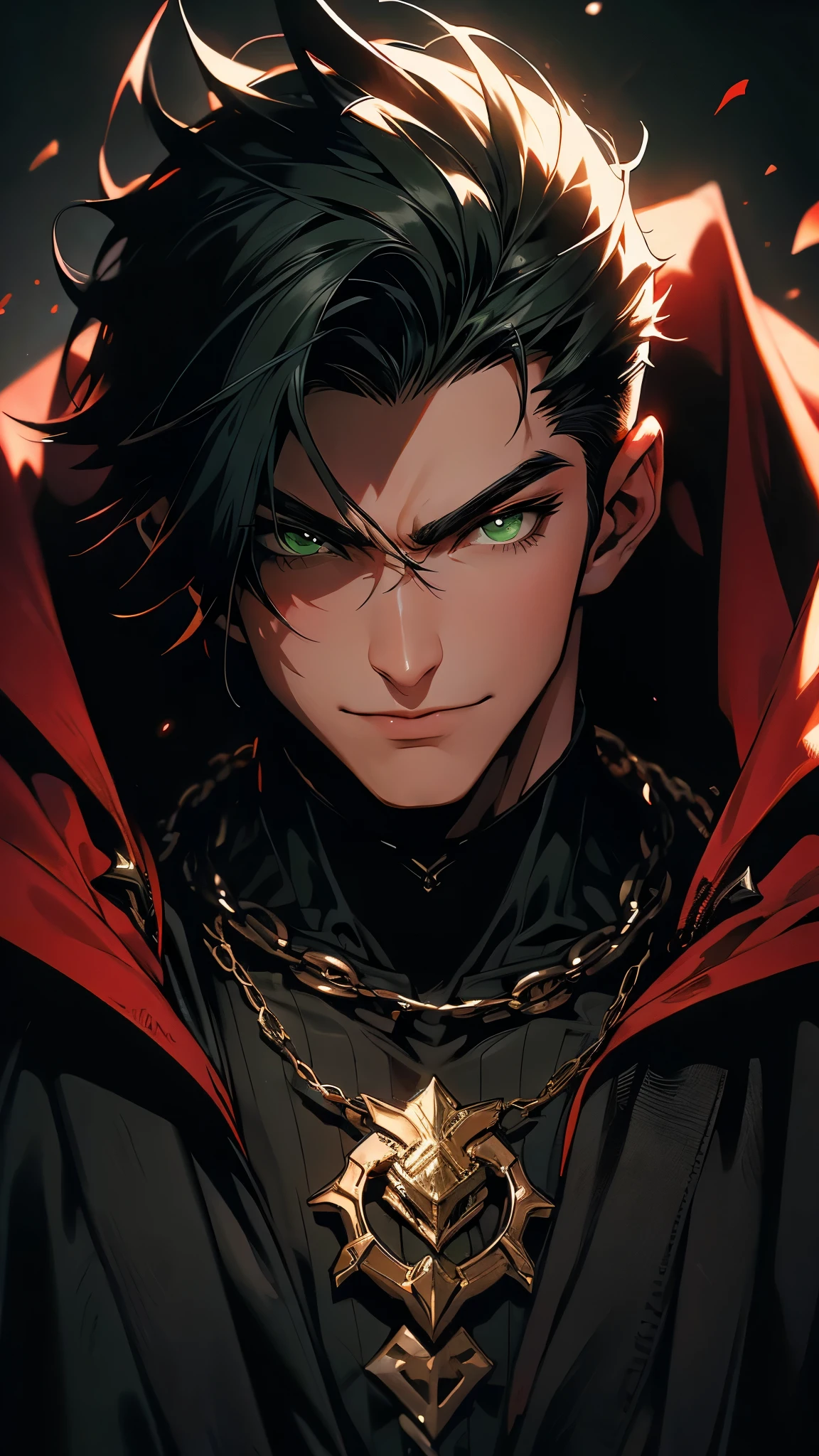 envision a 8k, highres, cinematic, detailed, close up portrait of a fallen angel man, muscular body, slender face, long black hair, green eyes, wide confident smile, tight black suit, chains, horns, spikes, red cape, glowing eyes, (((1boy))), in dark lighting, against a dark background