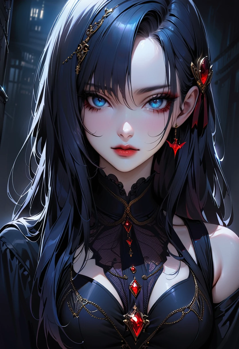 (best quality,4k,high resolution,masutepiece:1.2),ultra-detailed,realistic:1.37,3d rendering,(beautiful detailed eyes),(beautiful detailed lips),long black hair,(slender,toned body),( Seductive and sophisticated style),red eyes,(sexy outfit),(portrait),(vivid colors),(studio lighting),Huge ceiling