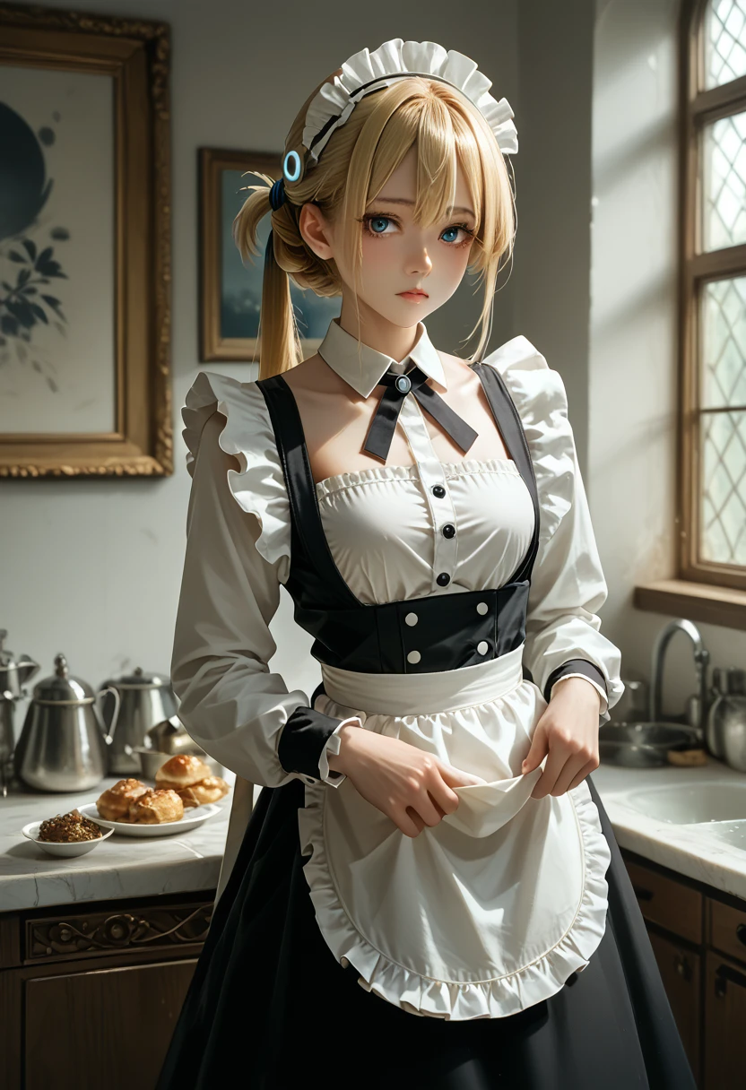 A masterpiece, best quality, high resolution, 1 girl, Hayasaka Moon, One, blonde hair, maid, Blue eyes, Side tail, Hair elastic, Hair decoration, синяя Hair elastic, maid headdress, apron, hair between the eyes, breast, long sleeves, bang, white shirt, black dress, sidelocks, maid apron, black tights,  cowboy shot,  