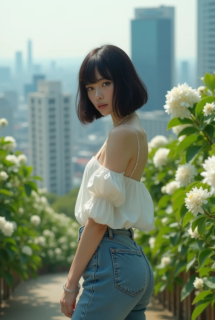 beautiful 16 year old girl, Skinny body, small bust, very short hair, smooth black color, has a short off shoulder dress, two hands, Profile, Whole body, holding a white rose in her right hand, Perfect face, on a hill at night , few trees, starry sky, very bright stars, look forward, sad