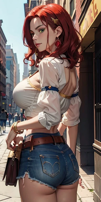 (masterpiece, best quality: 1.4), looking from behind, cowboy shot, smirk, melromarc malted, red hair, wide, green eyes, fitted shirt, big breasts, hair ornament, red gem earrings, jewelry, fitted transparent shirt, blue shorts, sleeves, Golden belt, in the city, big breasts, huge breasts, giant breasts.
