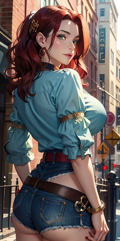 (masterpiece, best quality: 1.4), looking from behind, cowboy shot, smirk, melromarc malted, red hair, wide, green eyes, fitted shirt, big breasts, hair ornament, red gem earrings, jewelry, fitted transparent shirt, blue shorts, sleeves, Golden belt, in the city, big breasts, huge breasts, giant breasts.
