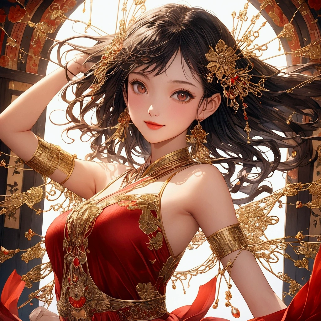 A beautiful Japanese woman (, 2D anime style, intricate details, hyper-realistic, extremely intricate details, 8k). In a short red dress (2D anime style, intricate details, hyper-realistic, extremely intricate details, 8k). She is dancing all elegant and happy showing her youthful and sexy body(2D anime style, intricate details, hyper-realistic, extremely intricate details, 8k). The scene shows a young girl dancing happily she shows her thin panties when she dances (2D anime style, intricate details, hyper-realistic, extremely intricate details, 8k).The photo shows extreme detail and a magical environment showing all the youth of the young woman (2D anime style, intricate details, hyper-realistic, extremely intricate details, 8k). Background (2D anime style, intricate details, hyper-realistic, extremely intricate details, 8k).